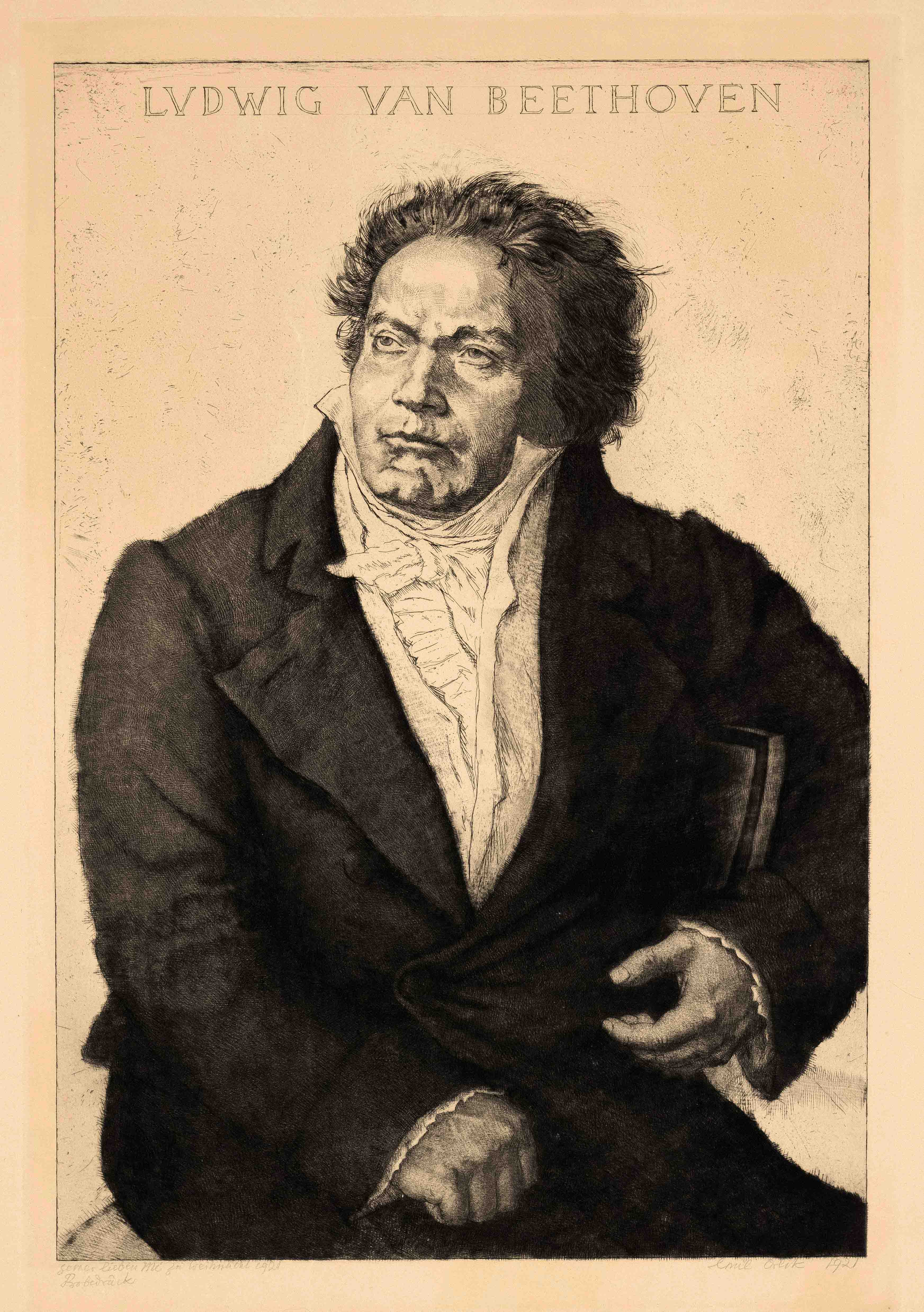 Orlik, Emil. 1870 Prague - 1932 Berlin. Ludwig van Beethoven. 1921. large etching/paper, signed