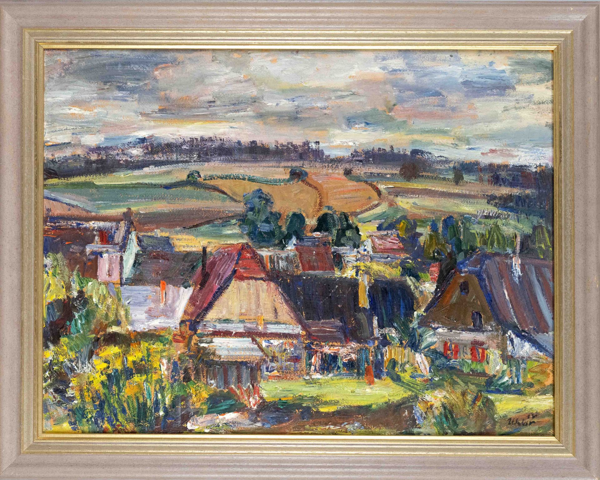Jan Uhlar (1901-1971), Czech painter, expressionist view of a village, oil on cardboard, signed ''