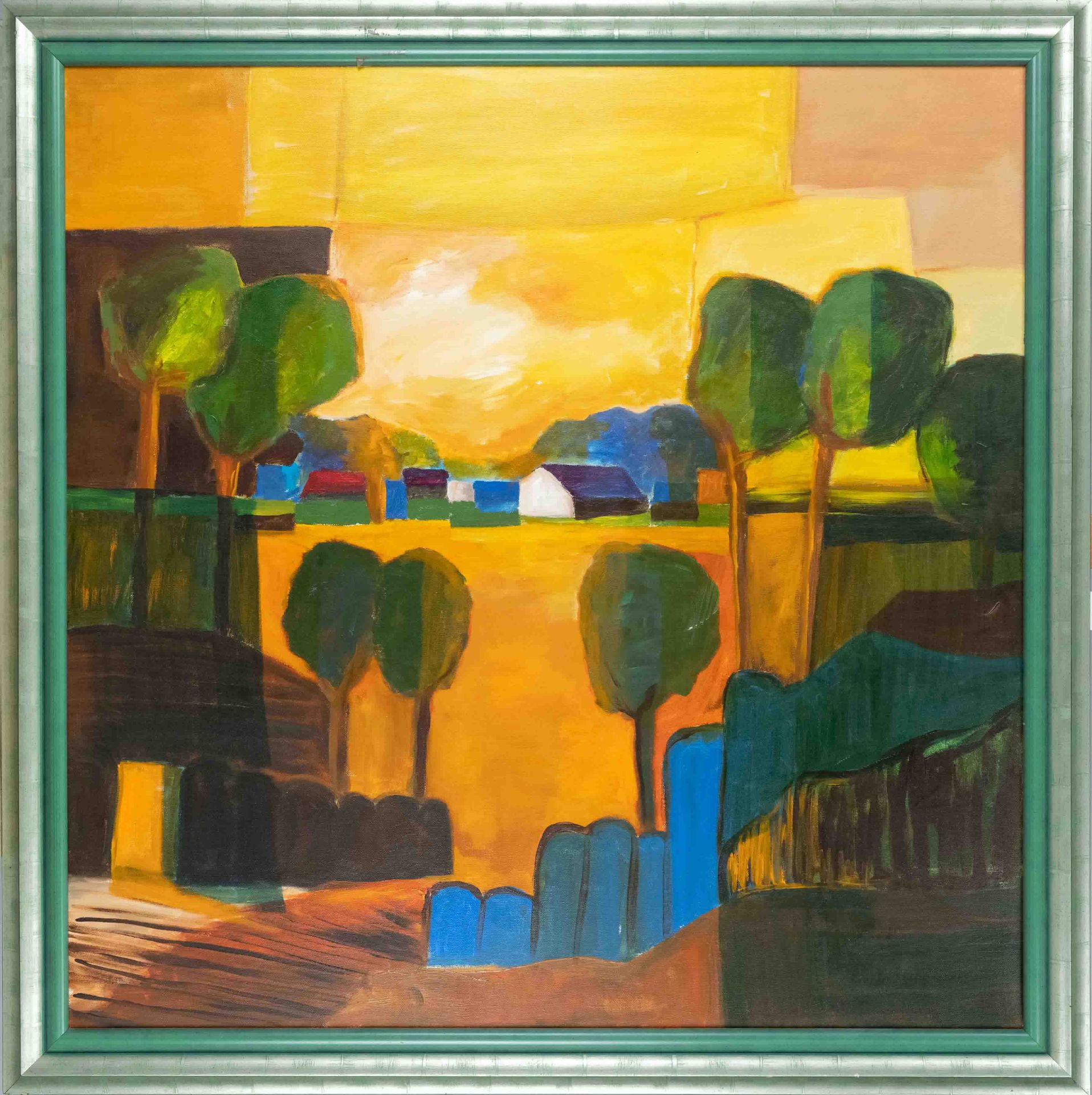 Anonymous painter late 20th century, large, colorful landscape at the edge of the village, oil on