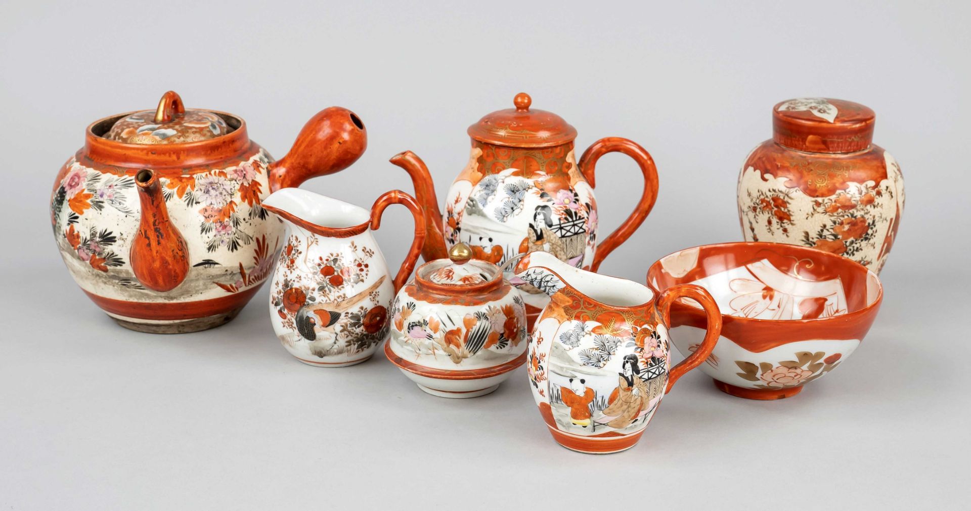 7 pieces Kutani, Japan, Meiji period(1868-1912), around 1900, porcelain with dominant iron-red