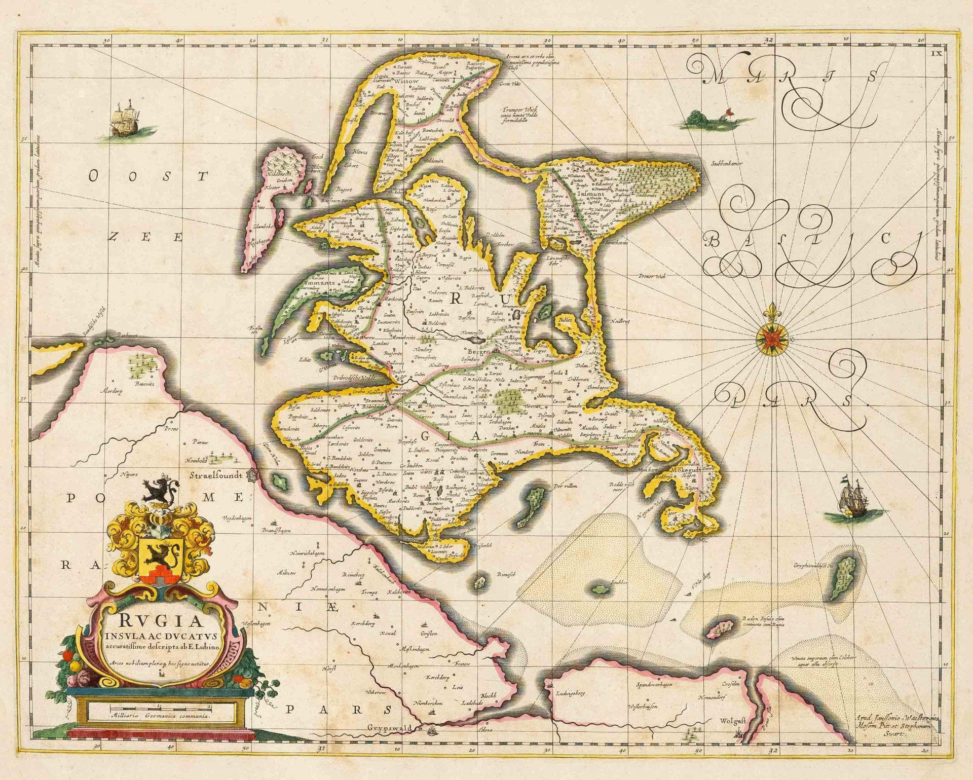 Historical map of Rügen, 17th c., ''Rugia Insula ac Ducatus accuratissime descripta ab E.