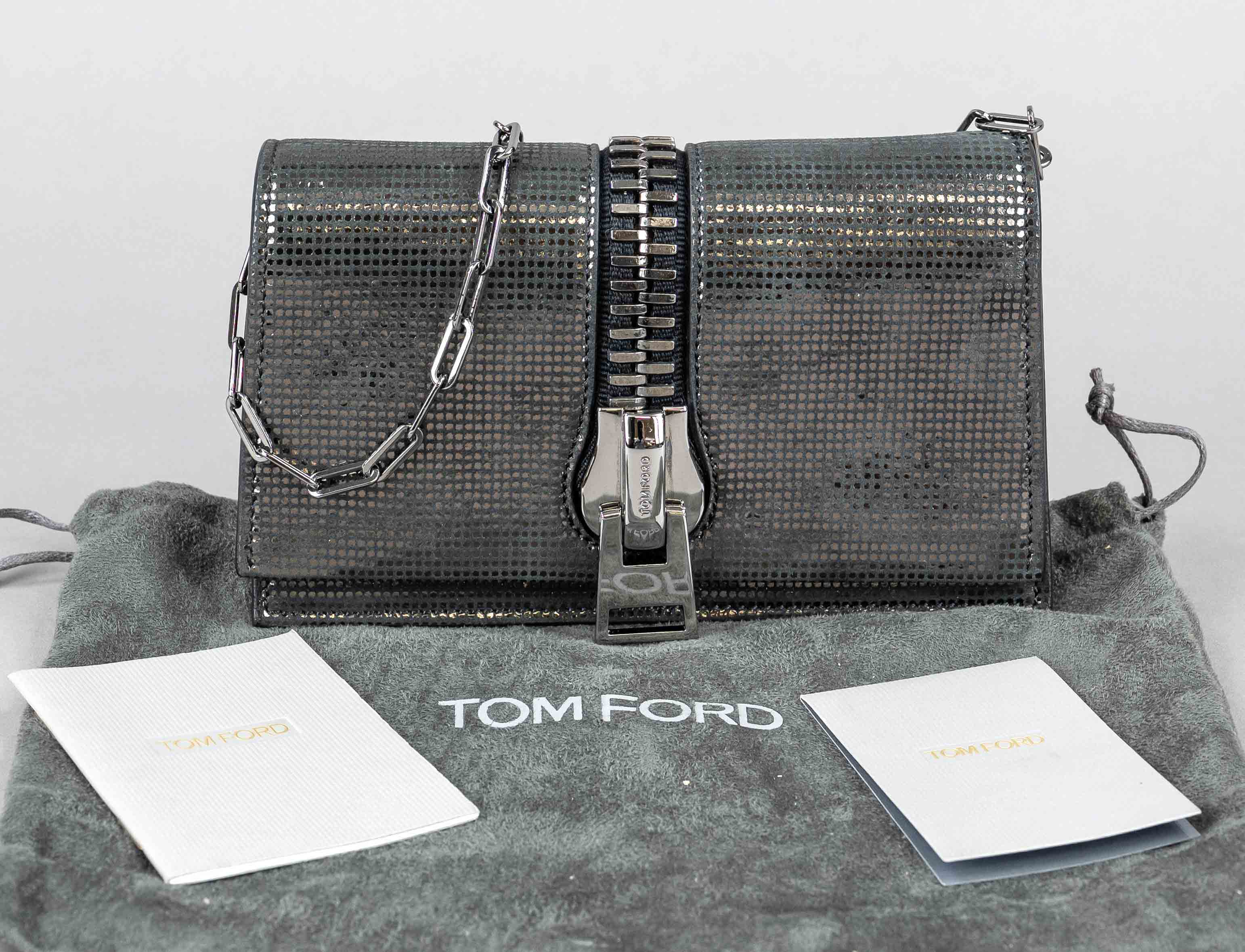 Tom Ford, Small Zip Front Leather Shoulder Bag, textured black anthracite leather with metallic