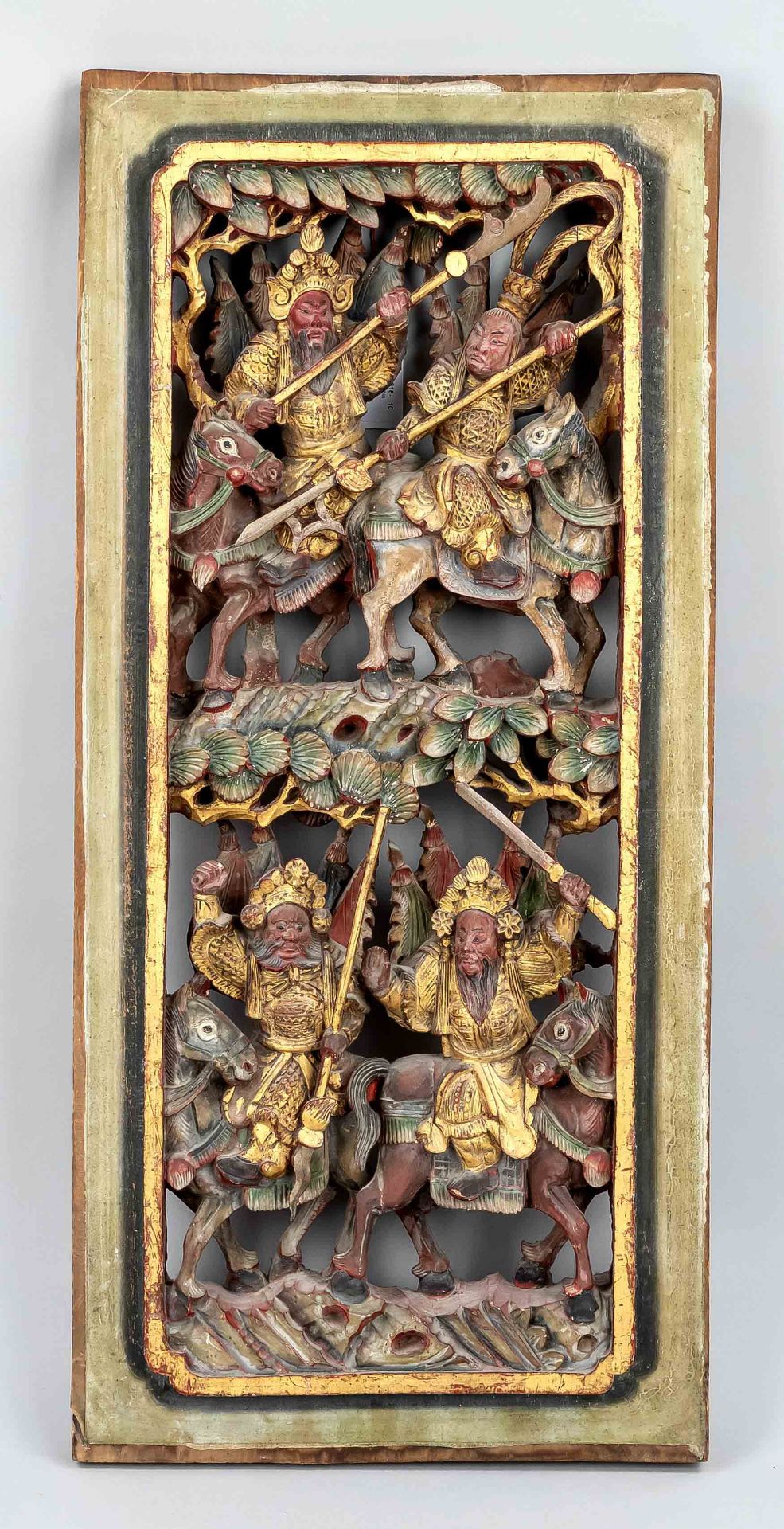 Chinese carving, China, 19th c., wood carved with numerous openings, colored, heroic scenes,