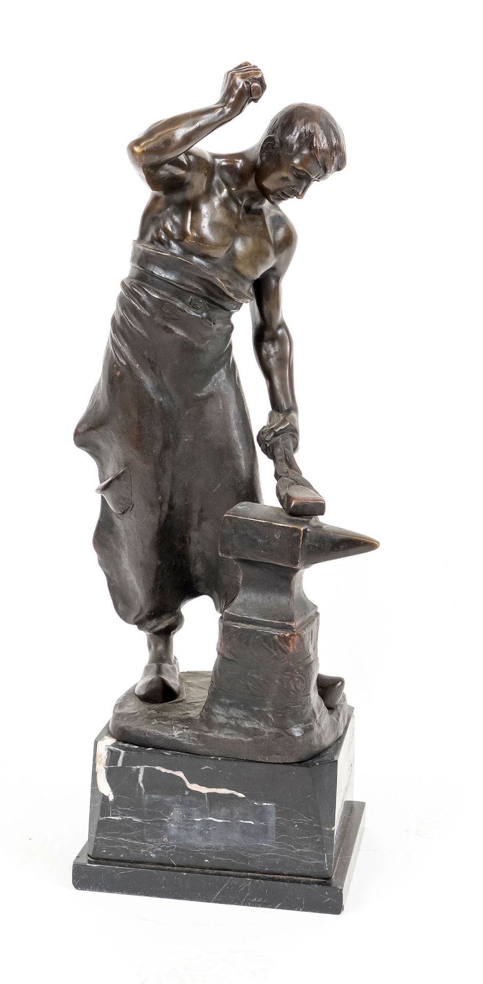 Franz Iffland (1862-1935), the blacksmith, large, brown patinated bronze sculpture on marble base,