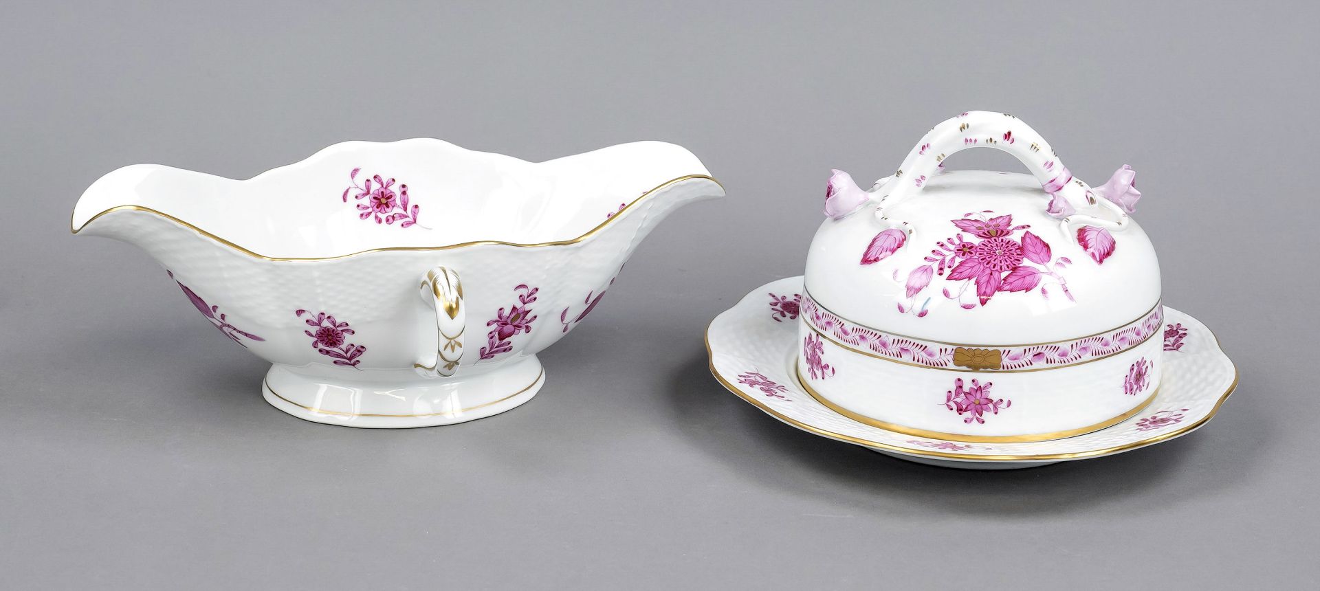 Gravy boat and round butter dish, Herend, 20th century, Ozier shape, Apponyi decor in purple,