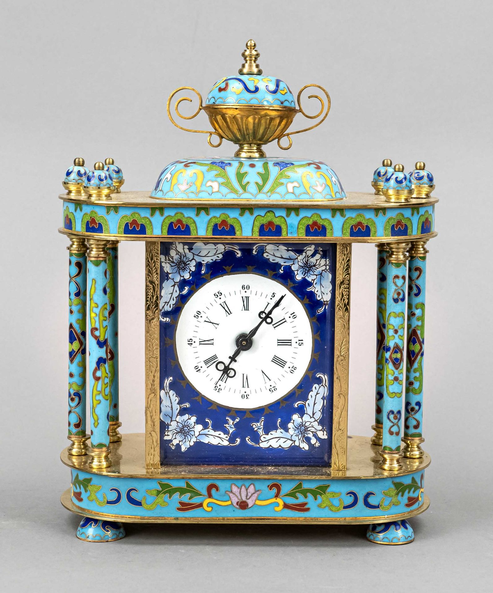 Cloisonne` clock, probably China 20th c., case with 6 columns crowned by a bowl on oval stand,