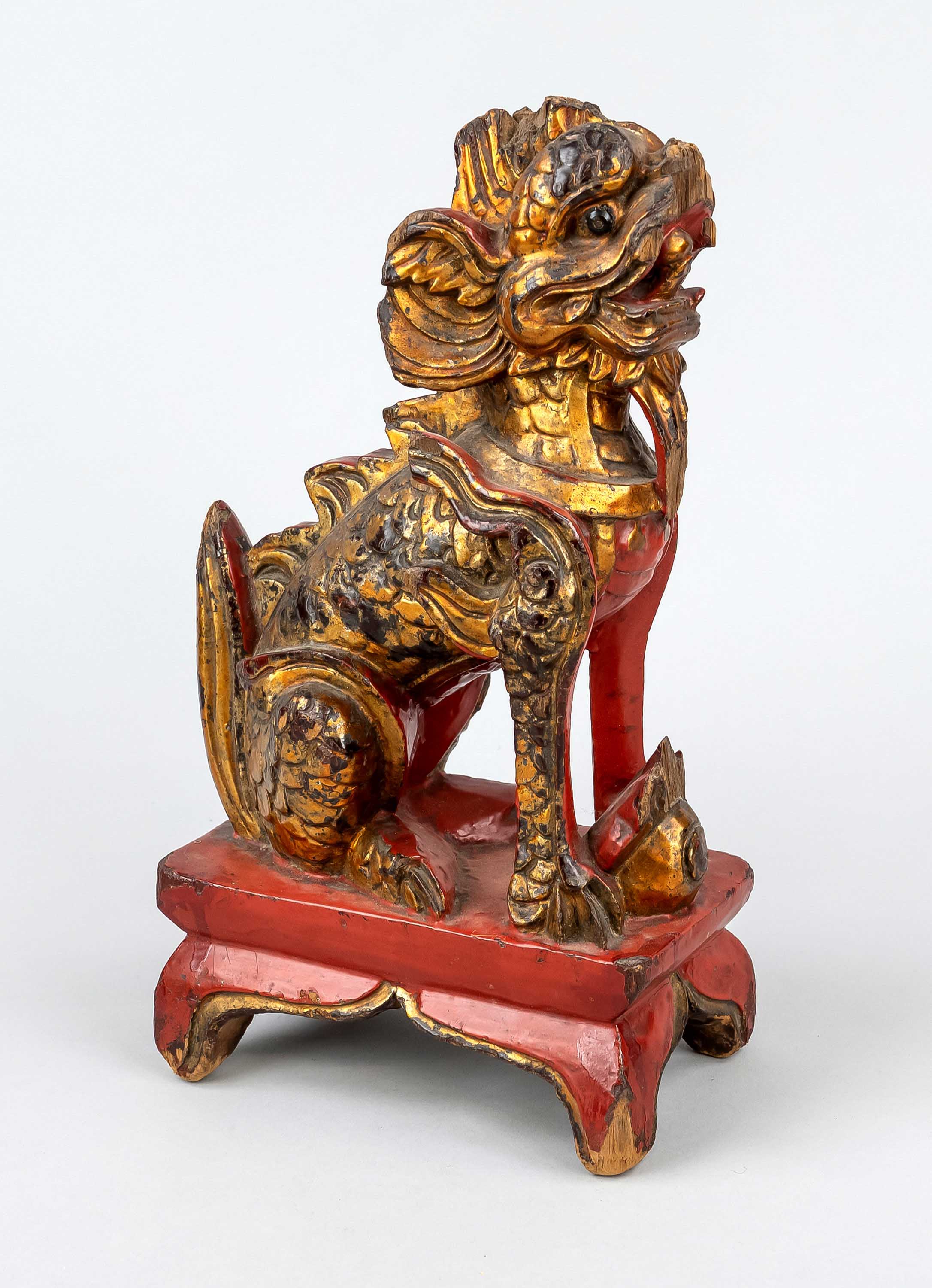 Wooden dragon, China, Qing dynasty(1644-1912), 19th century, wood carving with red and gold