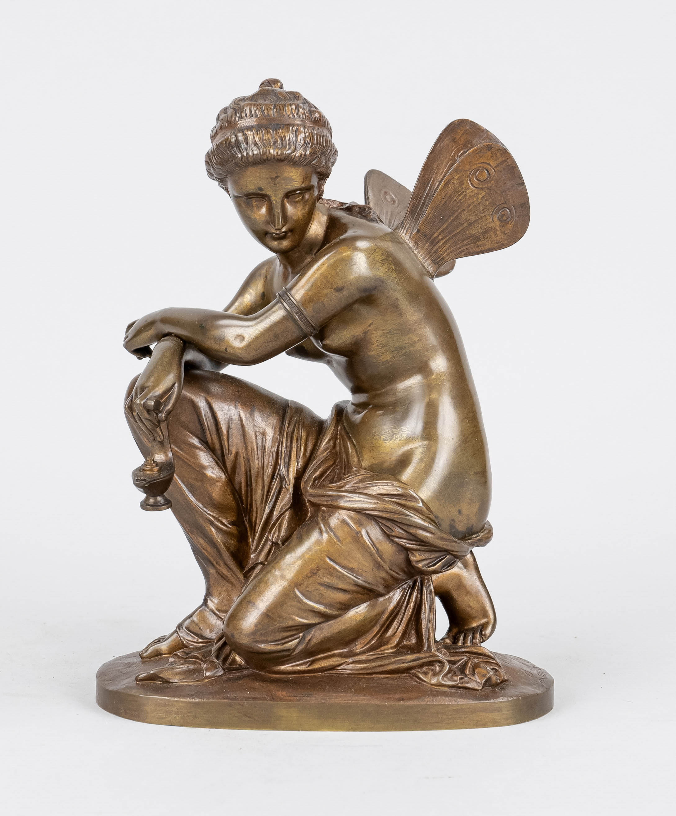 Eugène Laurent (1832-1898), kneeling nymph, antique female semi-nude with wings and oil lamp, golden