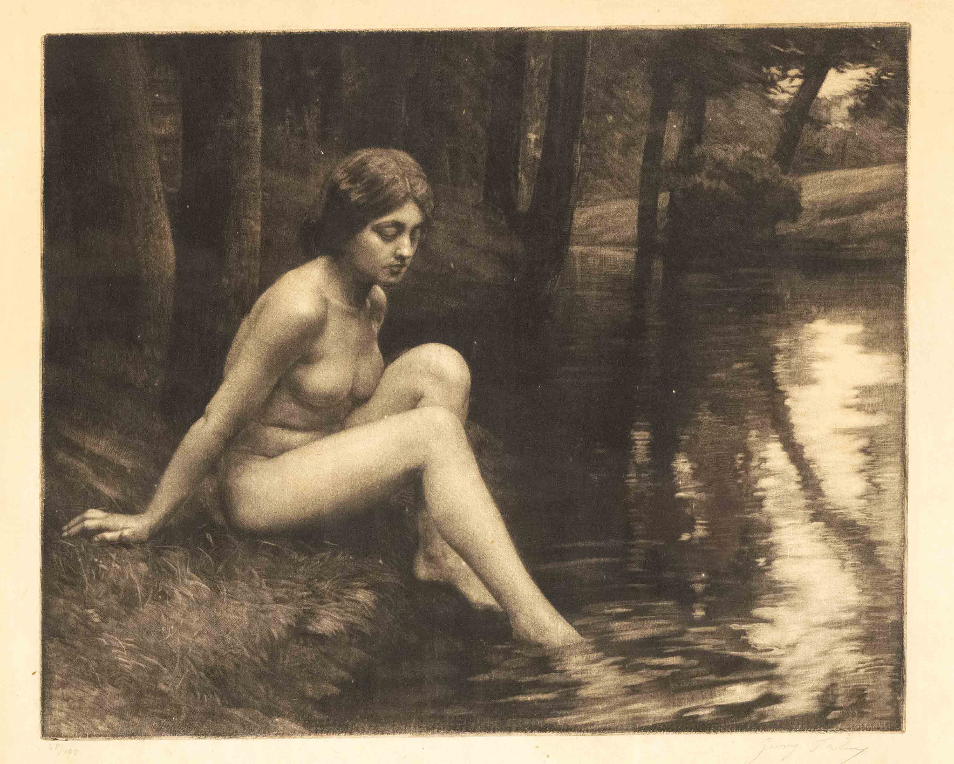 Georg Jahn (1869-1941), Dresden graphic artist from the Symbolist environment. Bathers, mezzotint,