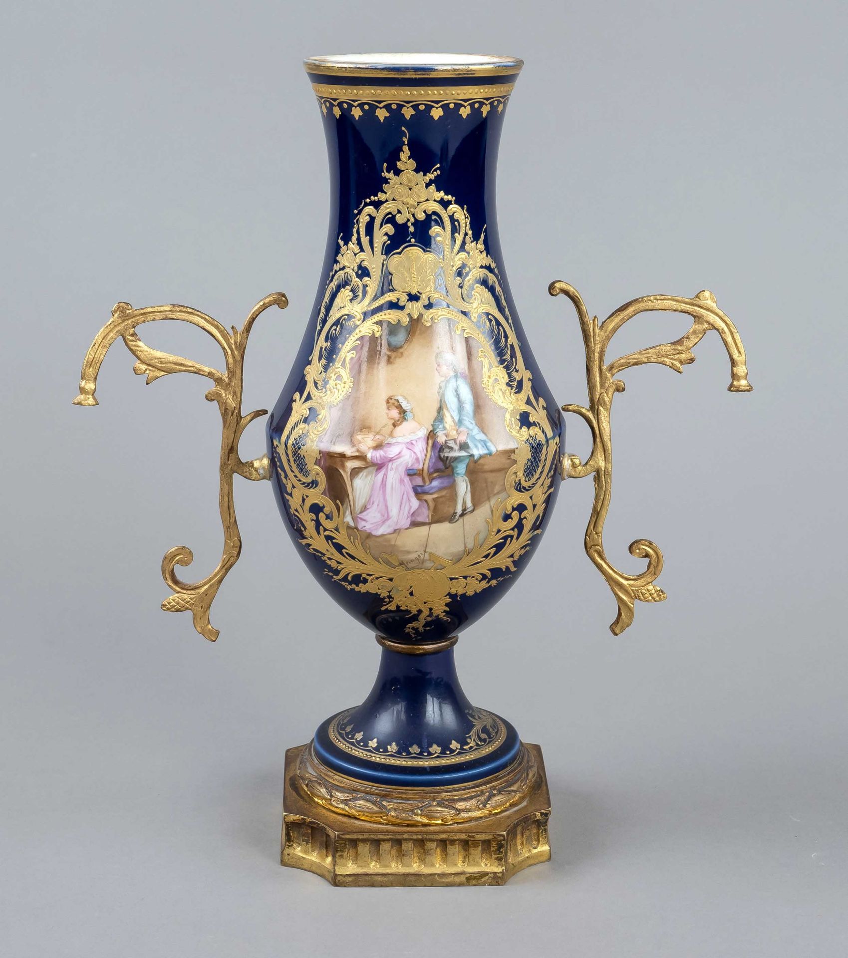 Vase, France, late 19th century, Sevres imitation mark, pear-shaped body on round foot, metal