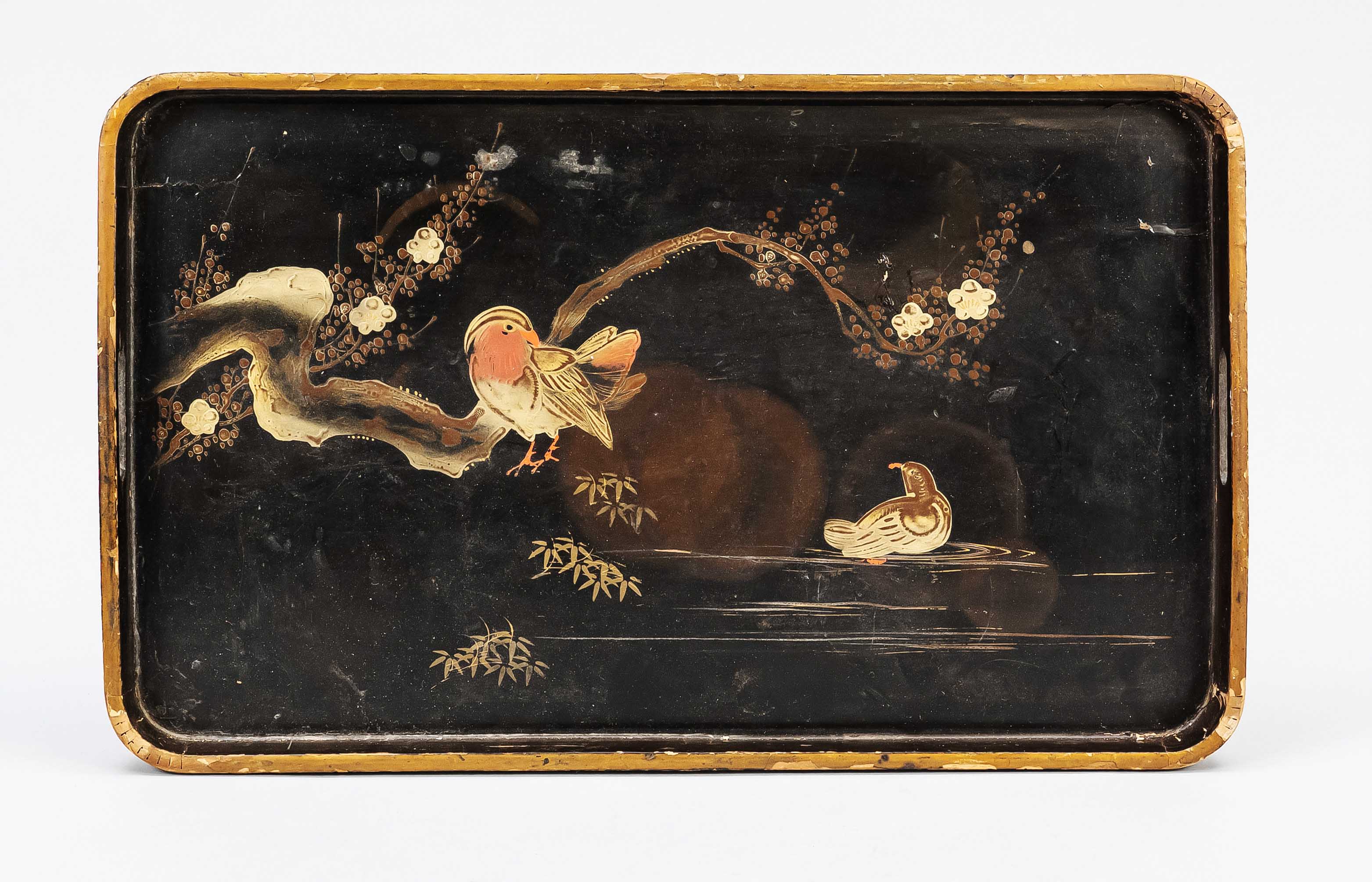 Mandarin duck tray, Japan, early 20th century, black lacquered wooden tray with handles, gold and