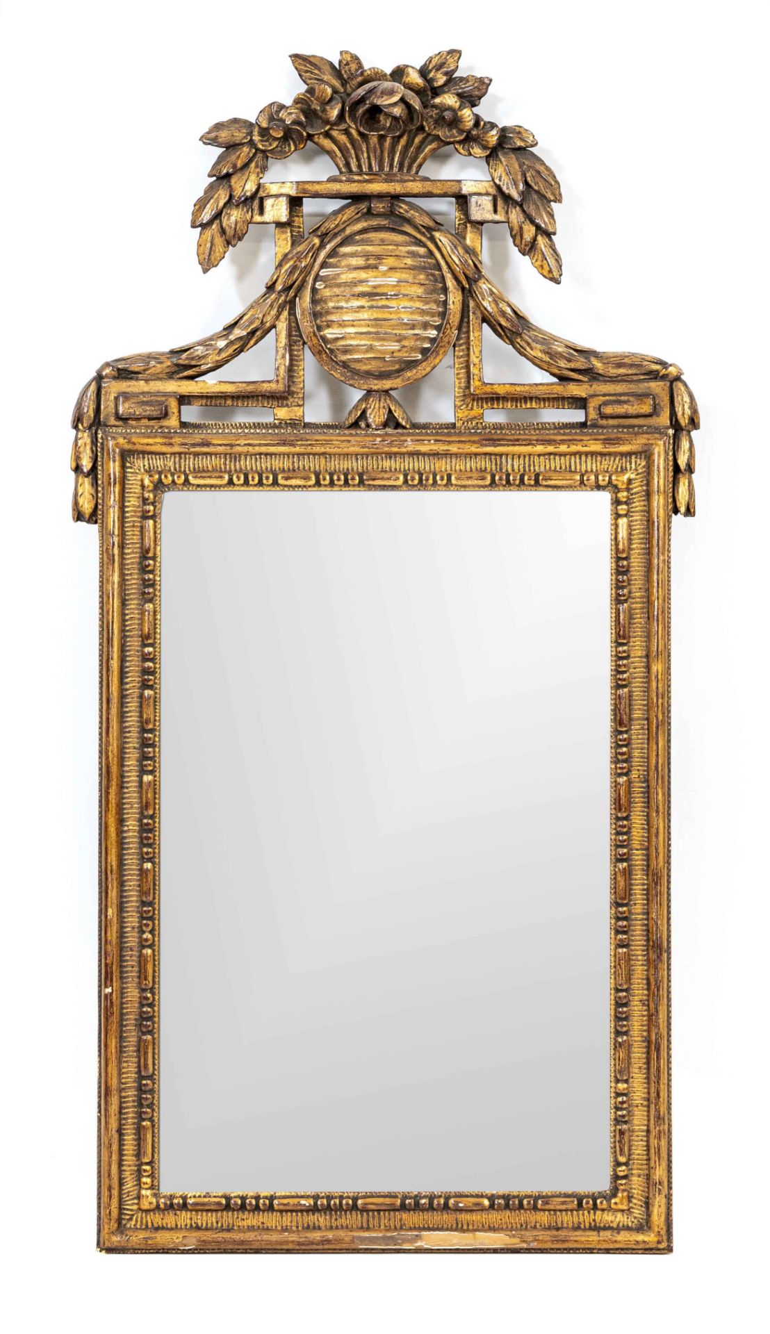 Small Louis-Seize wall mirror, late 18th c., wooden frame gilded, plastic crowning, 94 x 48 cm.