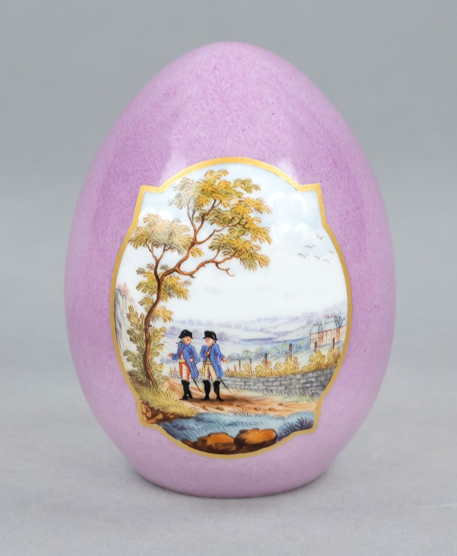 Easter egg, stamped 'Fine Porcelain, FH, Porzellan Manufaktur' and inscribed with 'Malerei A & K'.