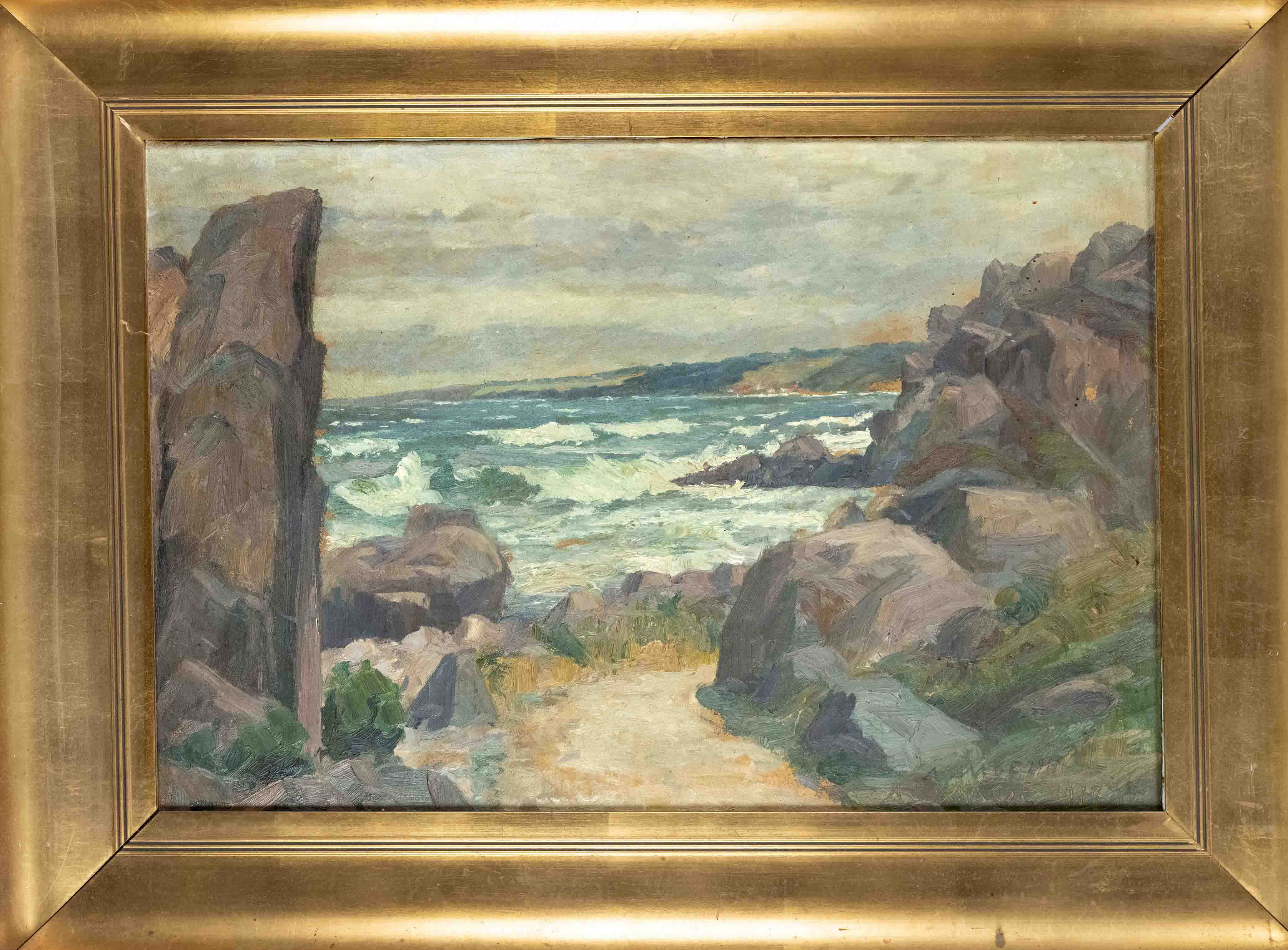 Andreas Moe (1877-1952), Sea surf on rocky coast, oil on canvas, signed & dated 1917 lower right, 45