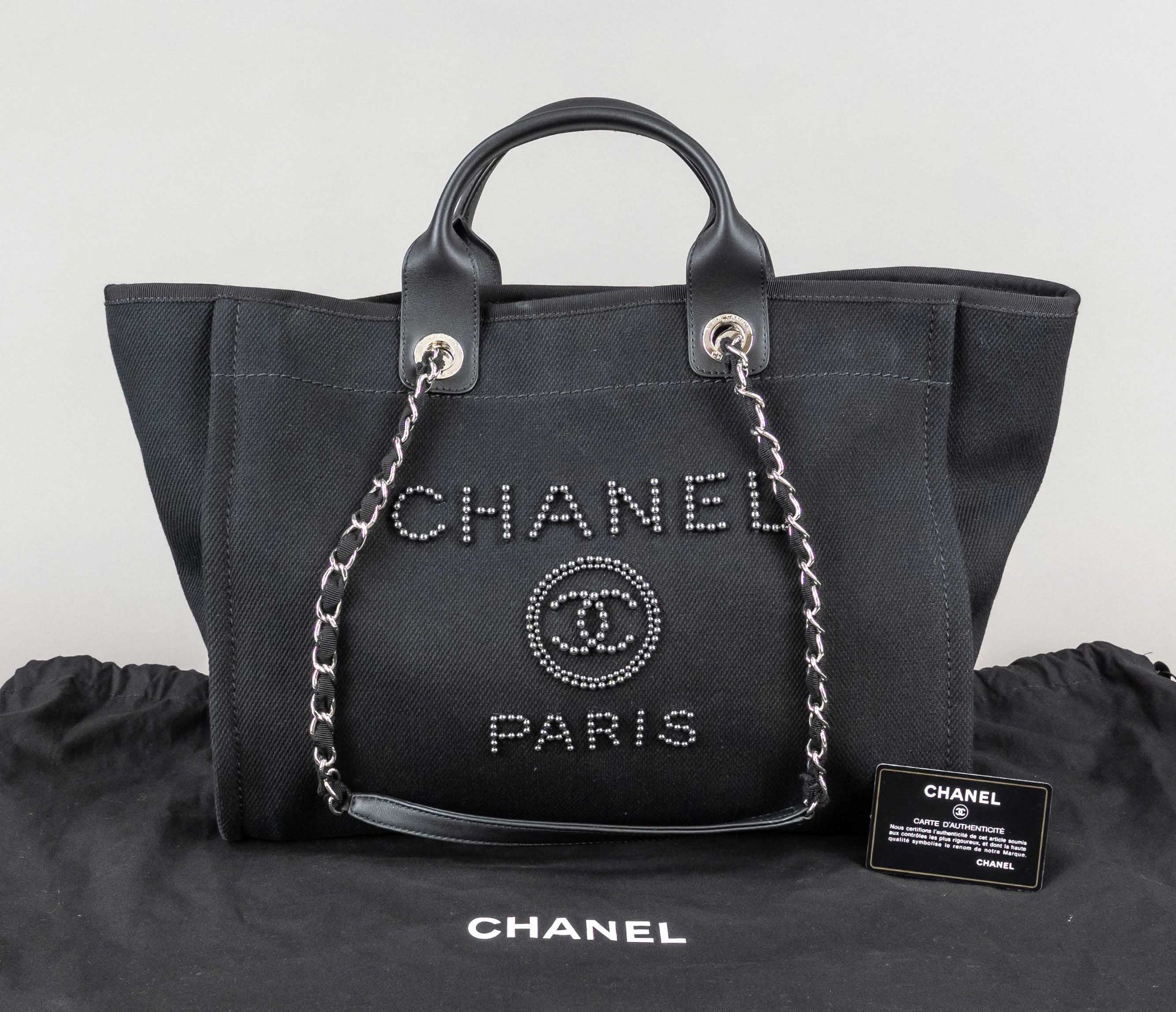 Chanel, Deauville Studded Black Canvas and Lambskin Shopping Tote Bag, black canvas with black