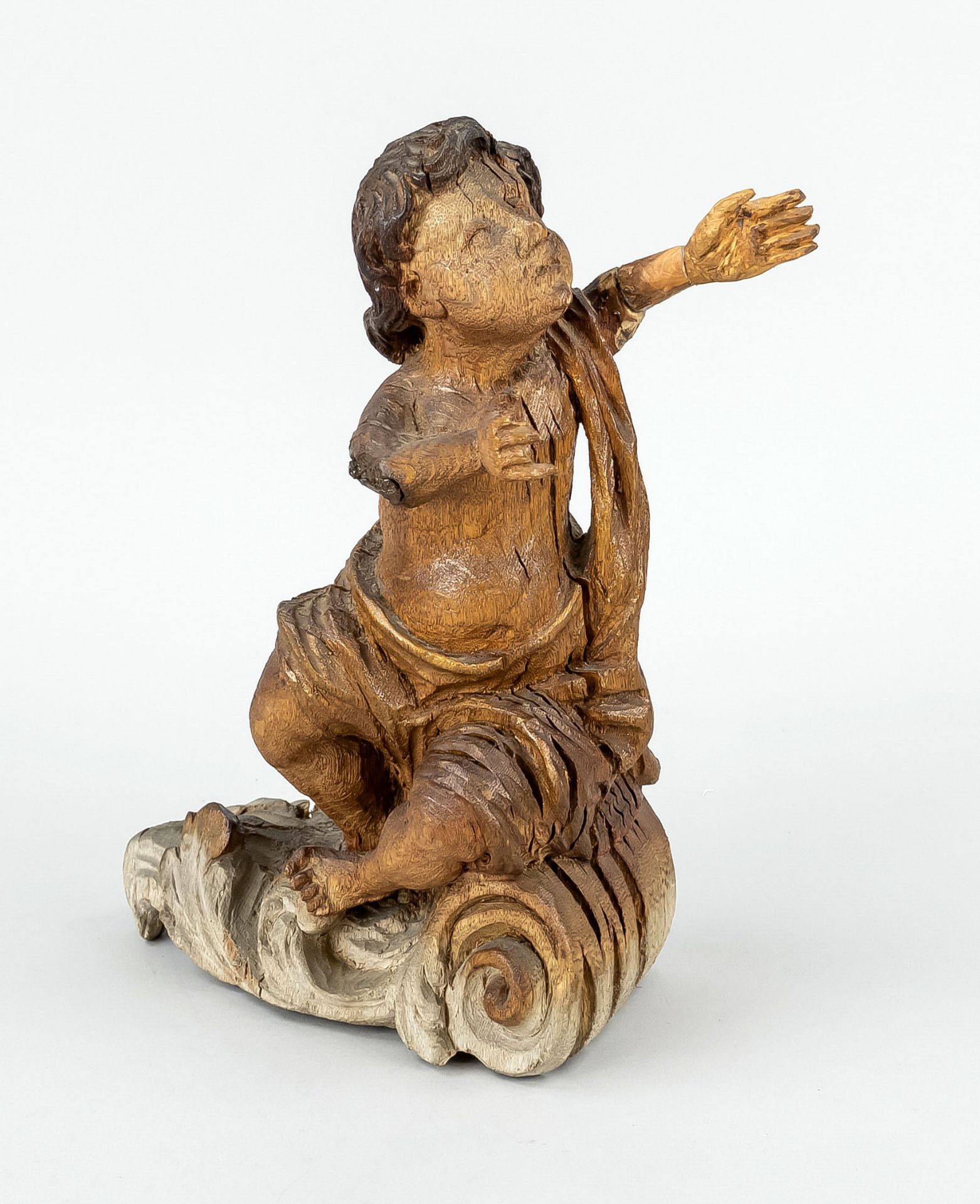 Baroque putto of an adoration group, 18th century, probably element of a piece of furniture, oak