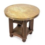 Side table circa 1930, solid oak and veneer, marquetry brass top, h. 61, d, 70 cm.