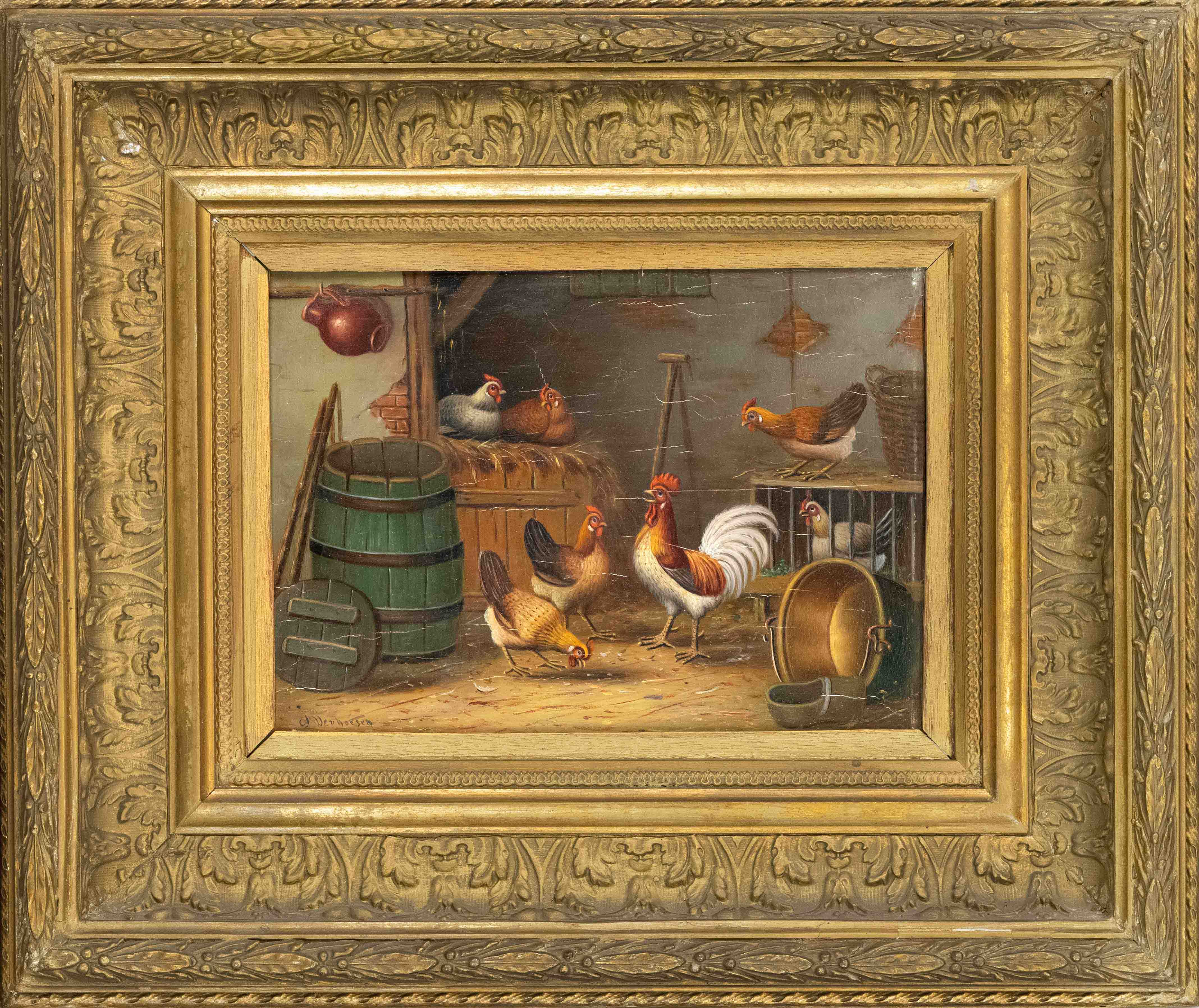 Albertus Verhoesen (1806-1881), Dutch animal and landscape painter. Chickens in a stable, oil on