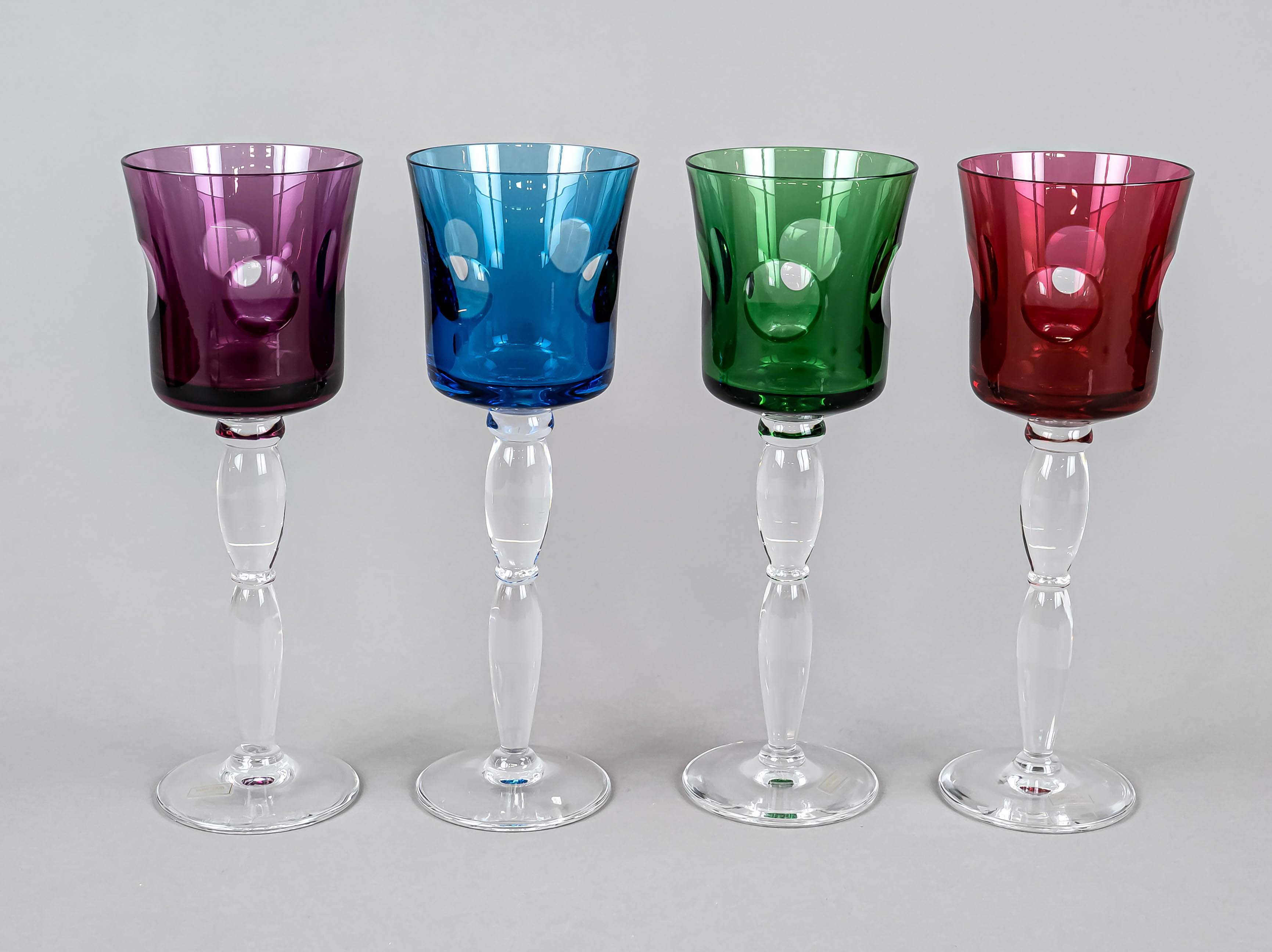 Four wine glasses, France, 2nd half of 20th century, Cristallerie de St. Louis, round disc stand,