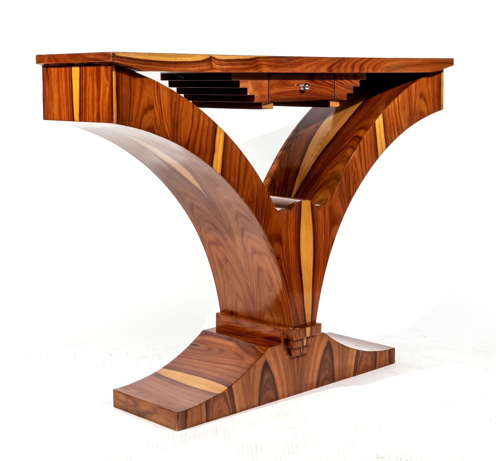 Console table in Art Deco style, late 20th century, mahogany and rosewood veneer, stepped frame with - Image 2 of 2