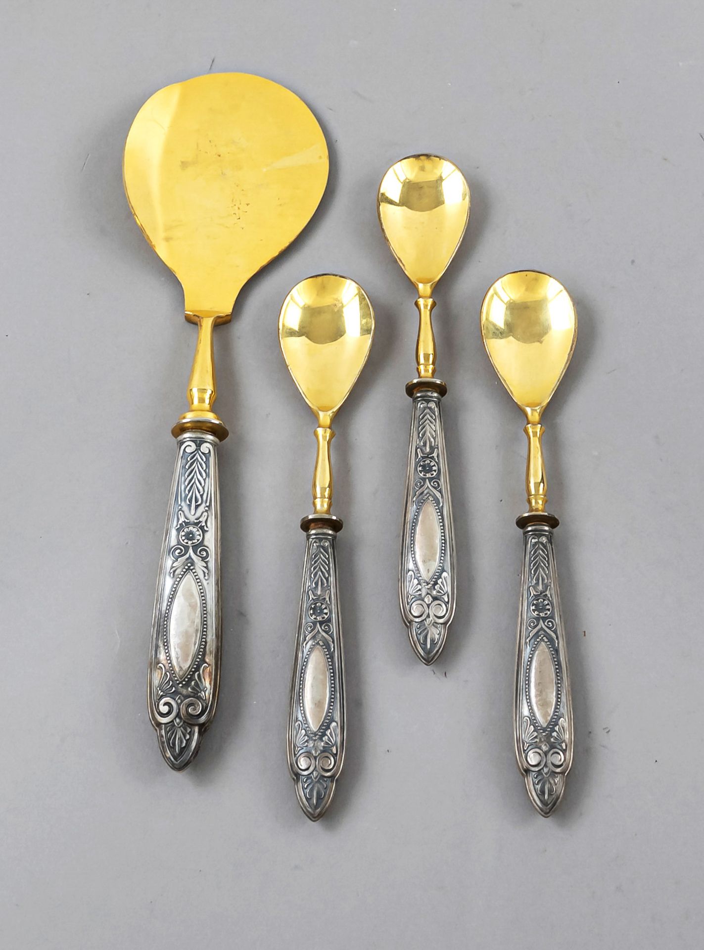 Ice cream cutlery for six persons, around 1900, silver tested, filled handles with ornamental relief