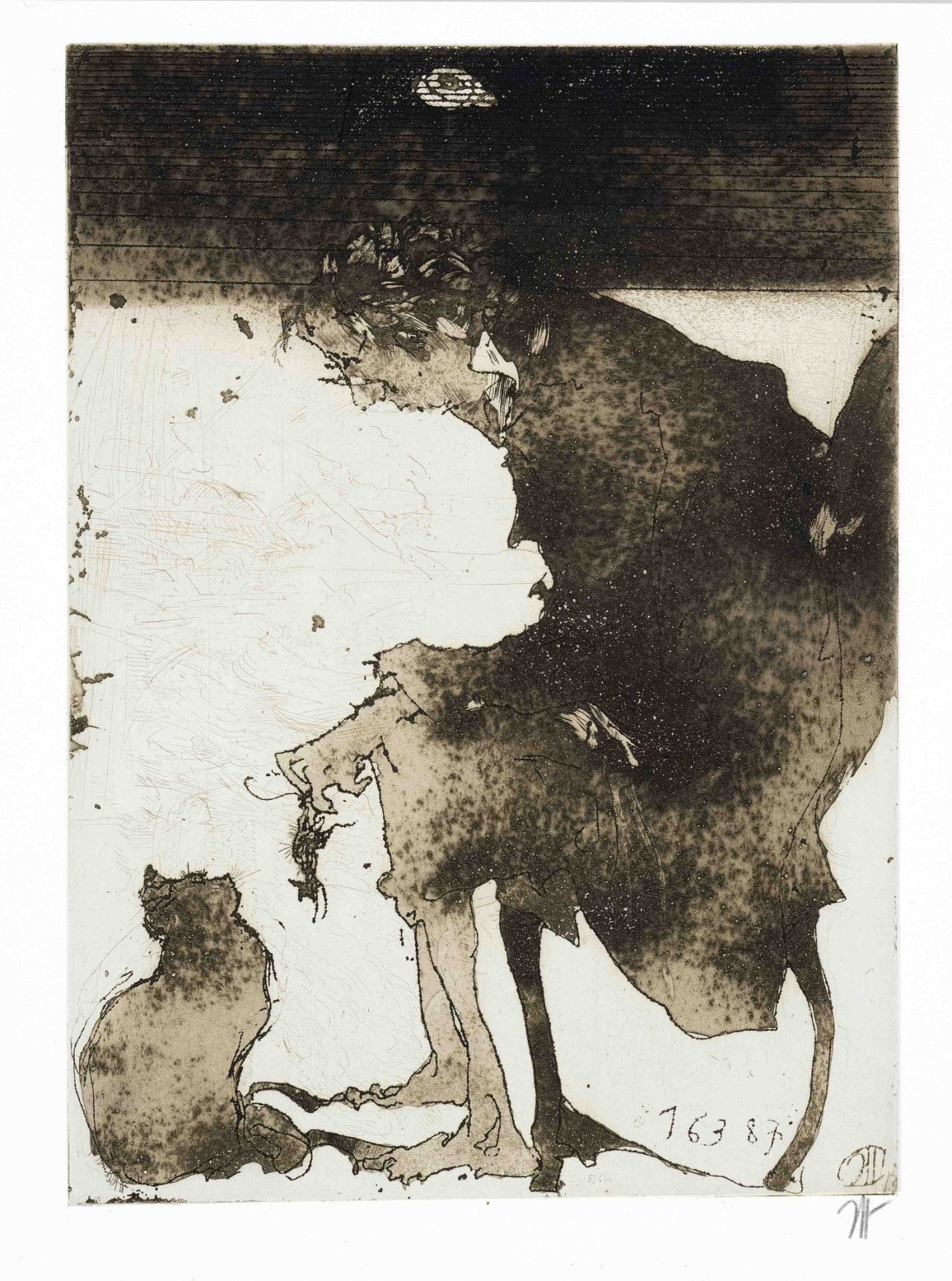 Janssen, Horst. 1929 - Hamburg - 1995. morning Lydia. Self with cat. 1987. etching with aquatint