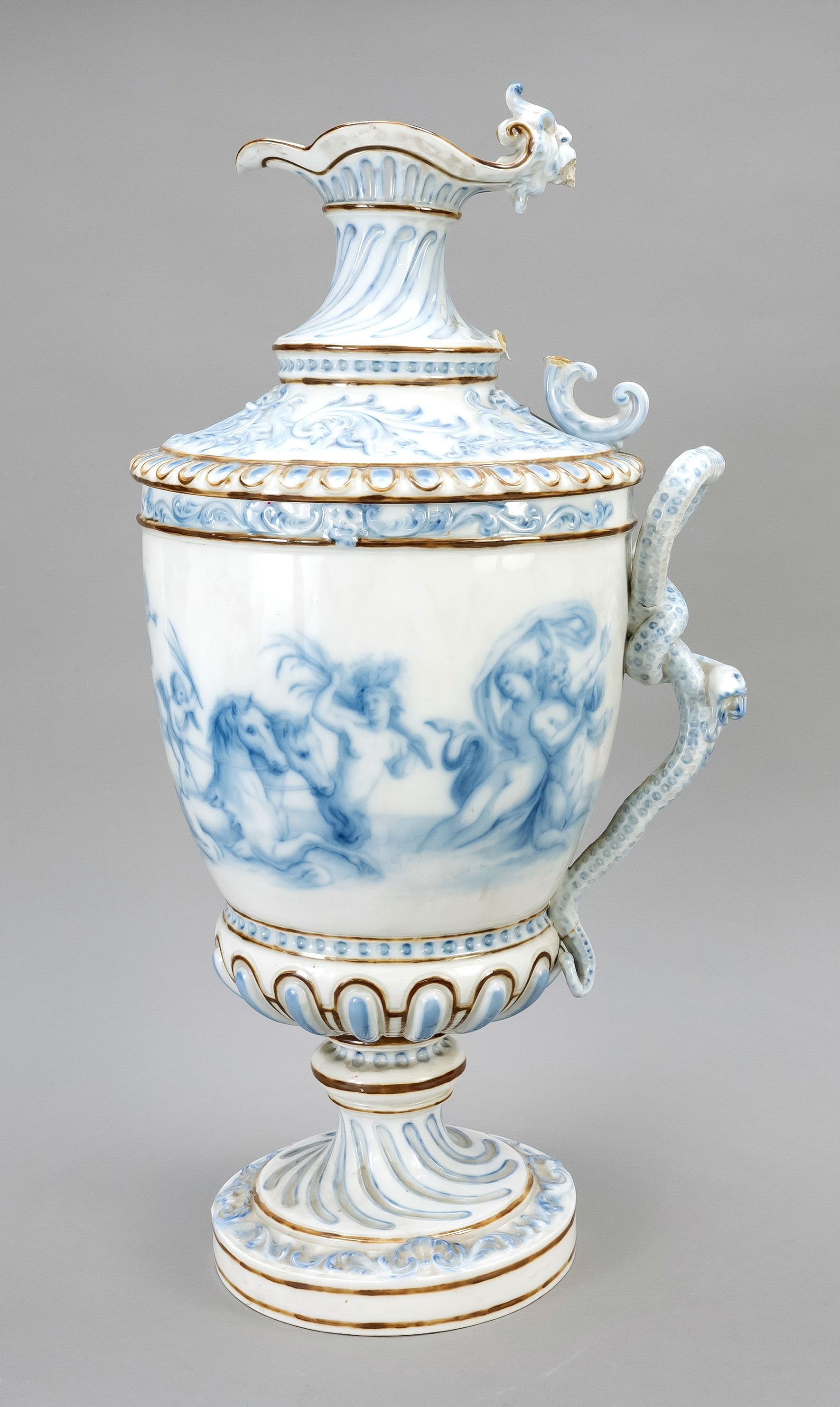 Helmet jug with removable top, KPM Berlin, 18th century, blue painting attributed to Georg Friedrich