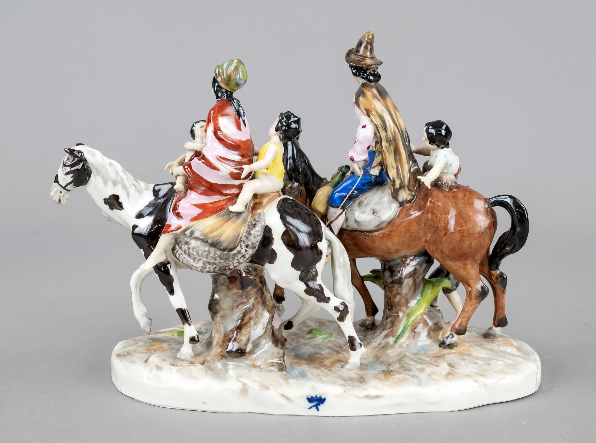 Group of figures, 20th century, large family with several children riding on two horses, on oval - Image 3 of 3