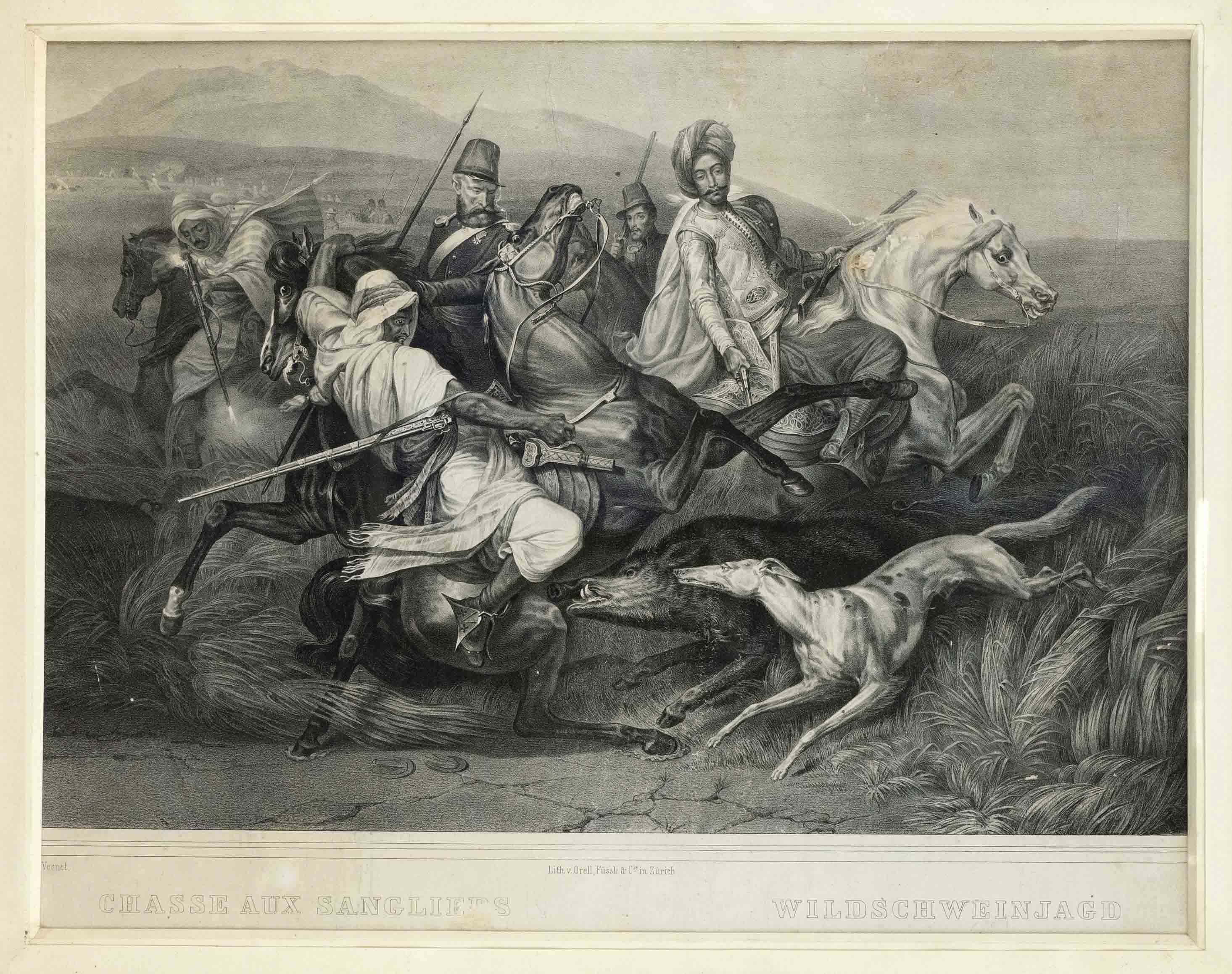 Carle Vernet (1758-1836), after, ''Wild Boar Hunt'', lithograph published by Orell, Füssli et Cie