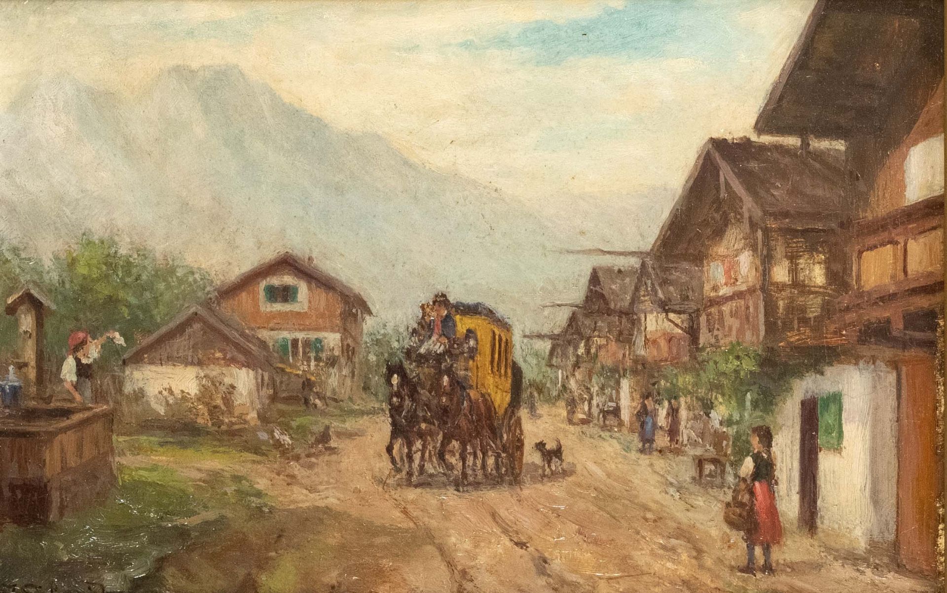 J. Schneider, 1st half of 20th century, stagecoach in Garmisch-Partenkirchen, oil on wood, signed