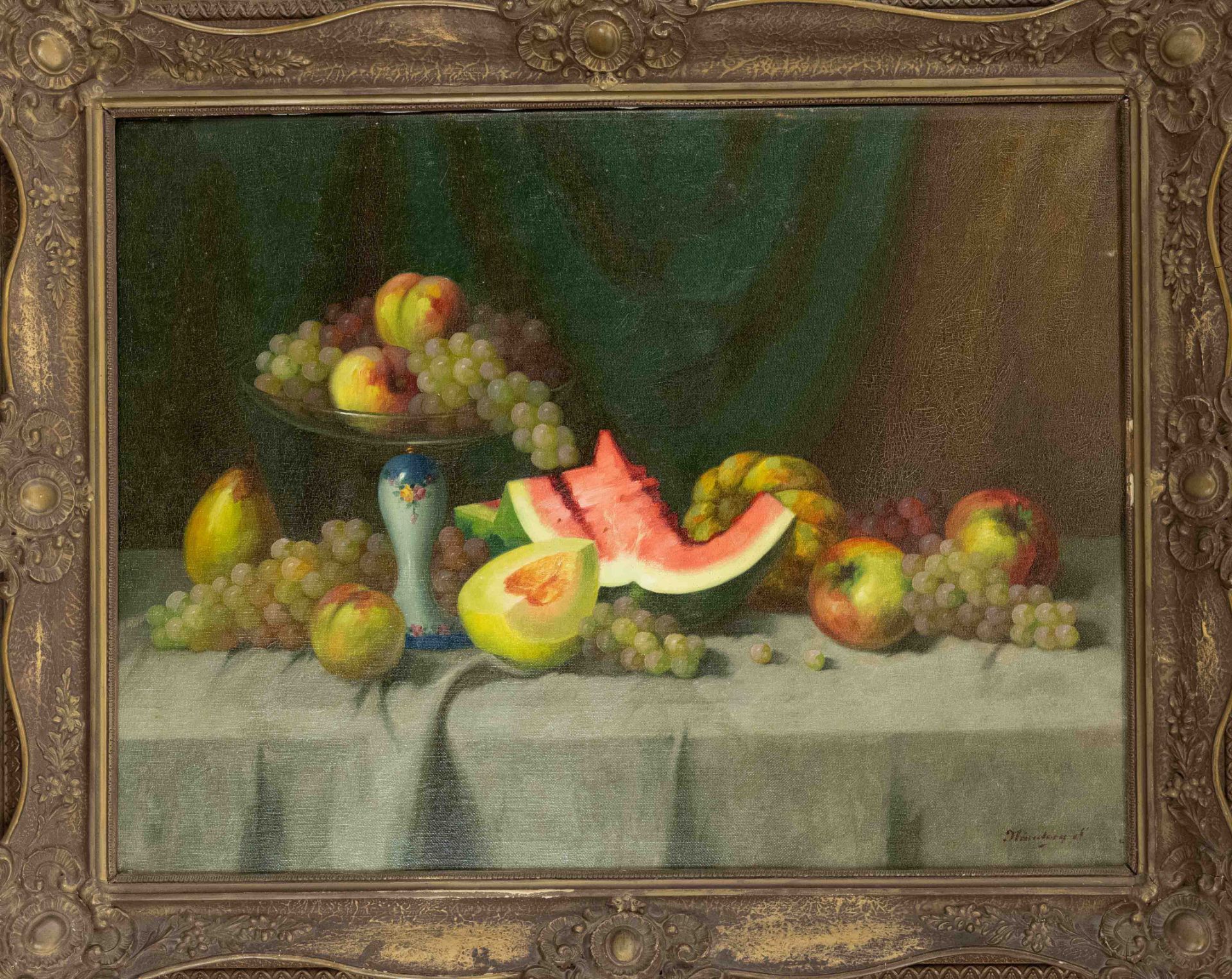 Sandor Nandory, Hungarian still life painter c. 1920, large fruit still life with melon, oil on