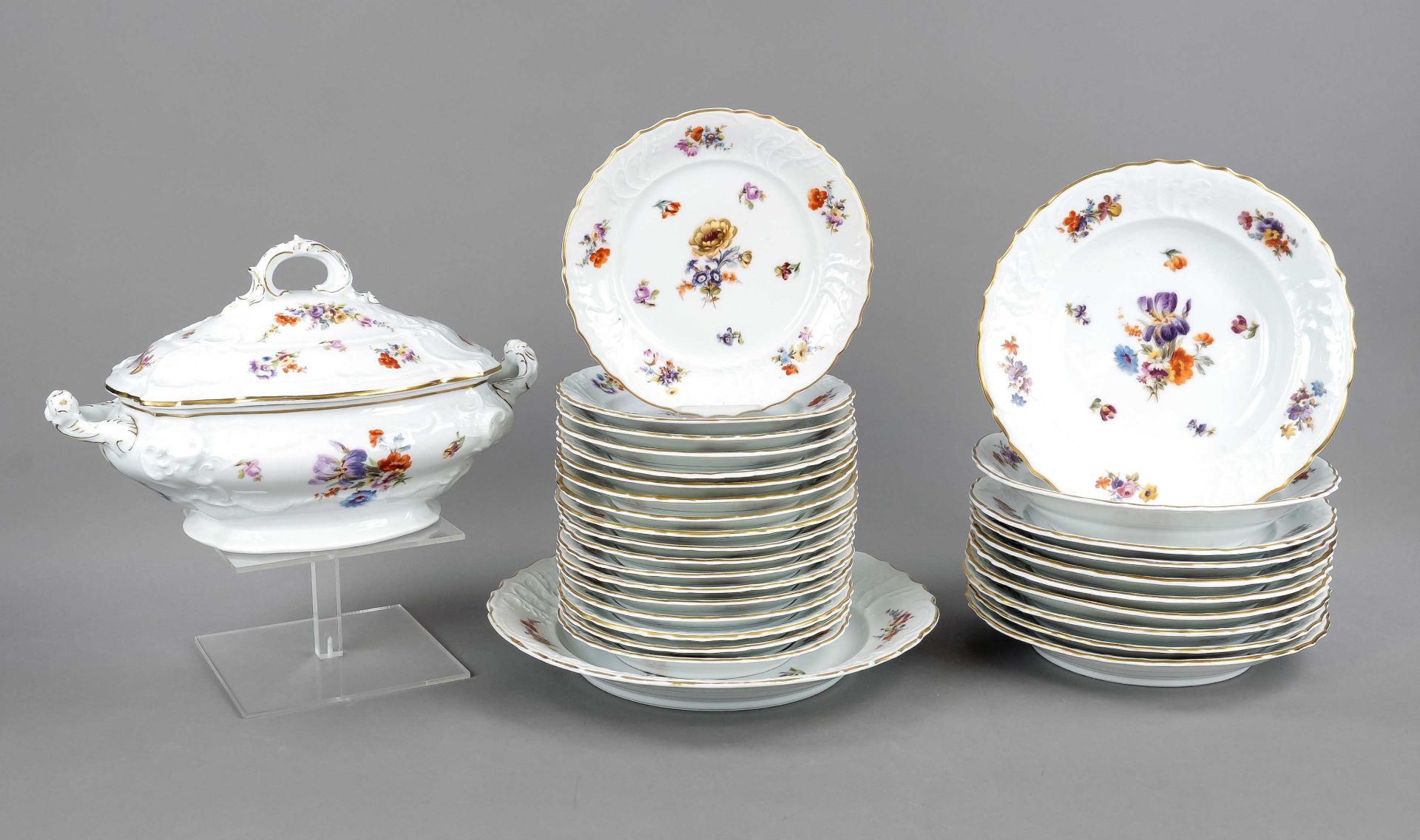 Large remaining service, 61 pcs, Fraureuth, Saxony, 1920s, form Rococo, polychrome floral decor, - Image 2 of 2