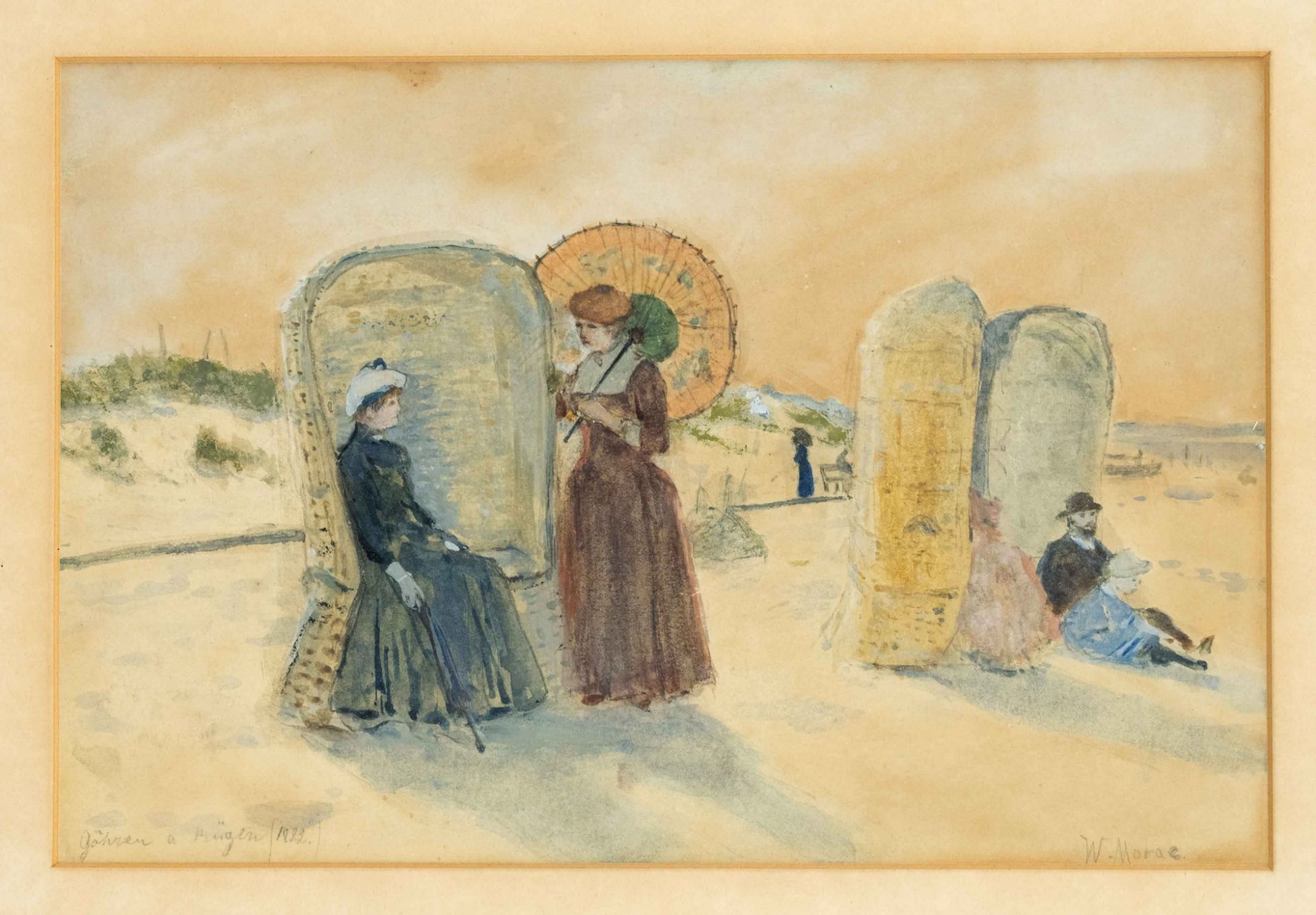 Moras, Walter. 1856 Berlin - 1925 Harzburg. Lot on the beach near Göhren on Rügen. 1882. gouache