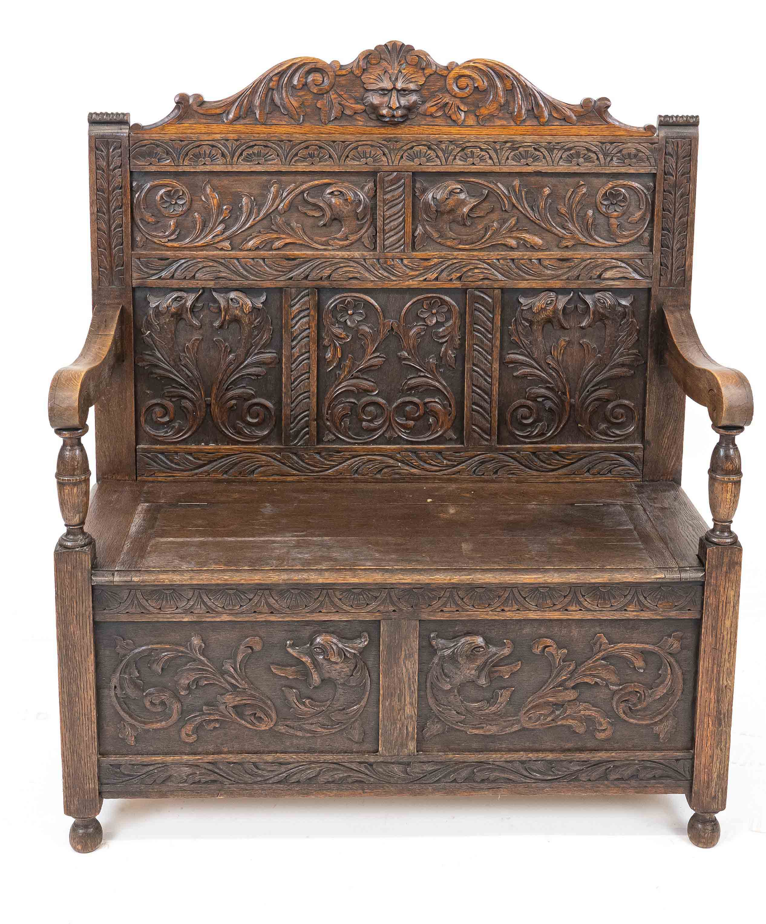 Chest bench around 1880, oak, typical carving of the time, 138 x 106 x 43 cm.