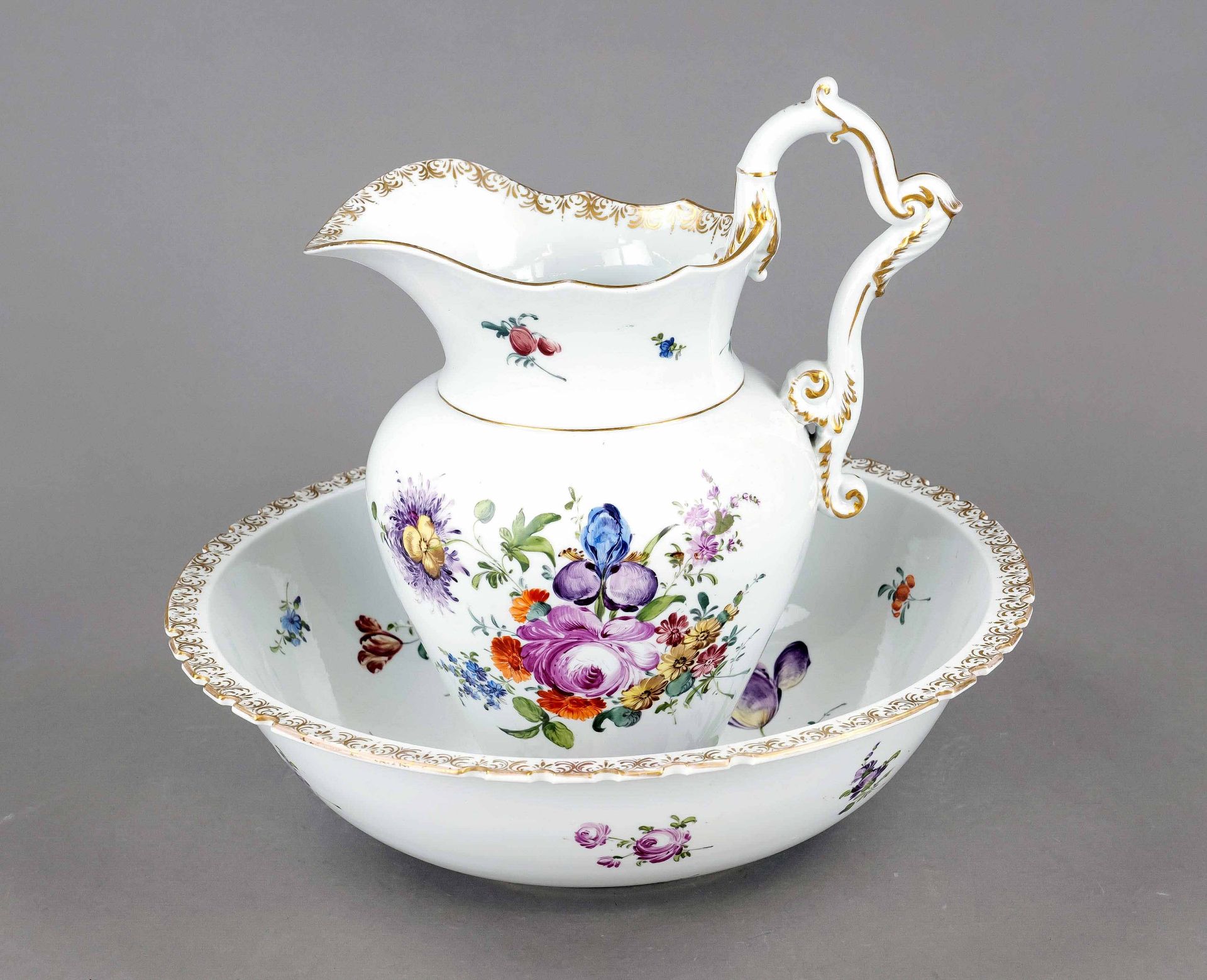 Washing set, 2 pieces, Meissen, Knauff Schwerter 1850-1924, 2nd choice, water jug, model no. V 95,