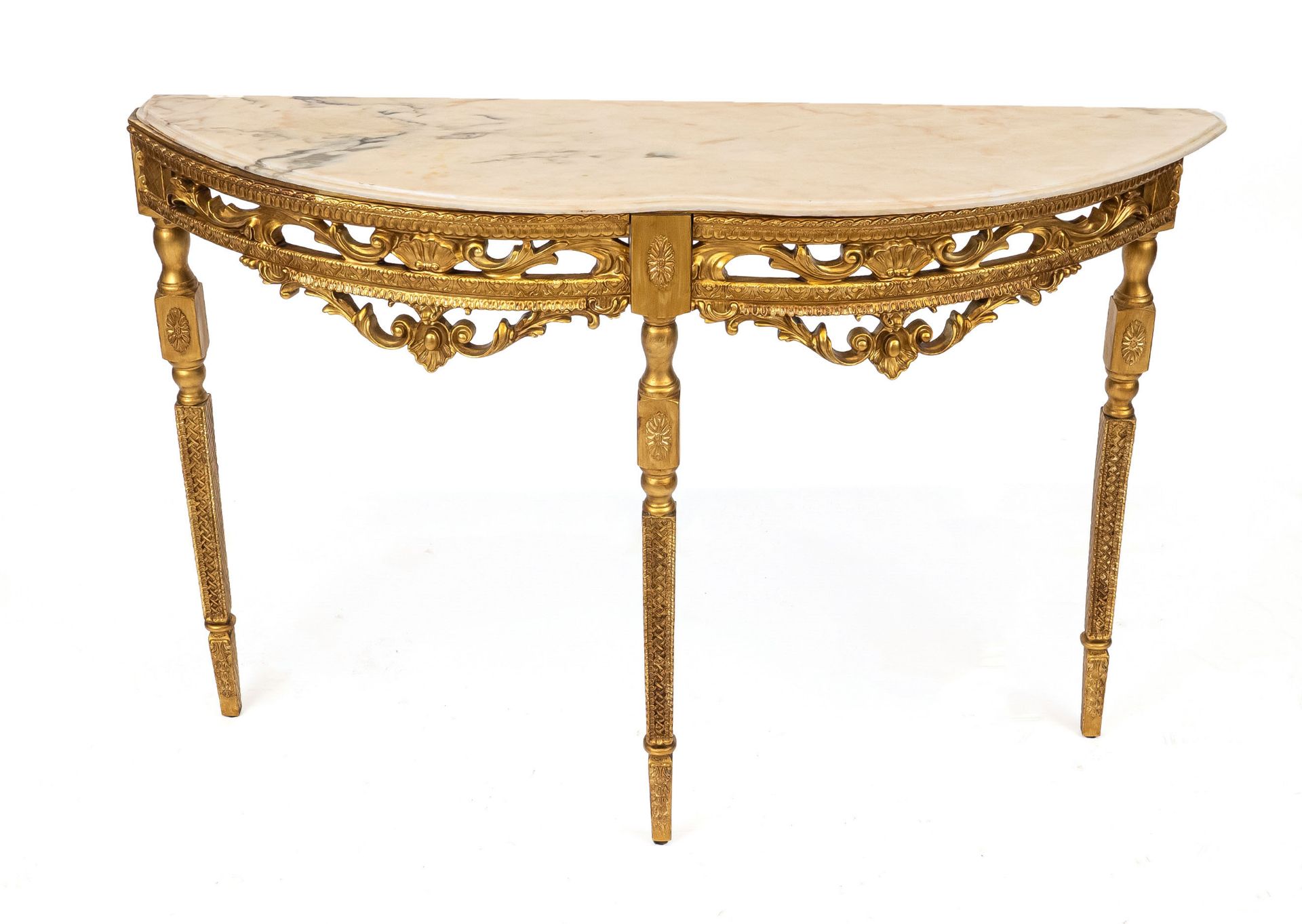 Louis Seize style console table, 20th c., wood carved, stuccoed and gilded, curved frame with