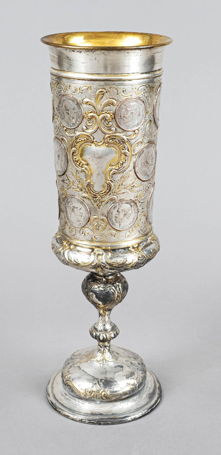 Large coin cup, 20th c., plated, round stand, baluster stem, slightly conical dome bulged in the