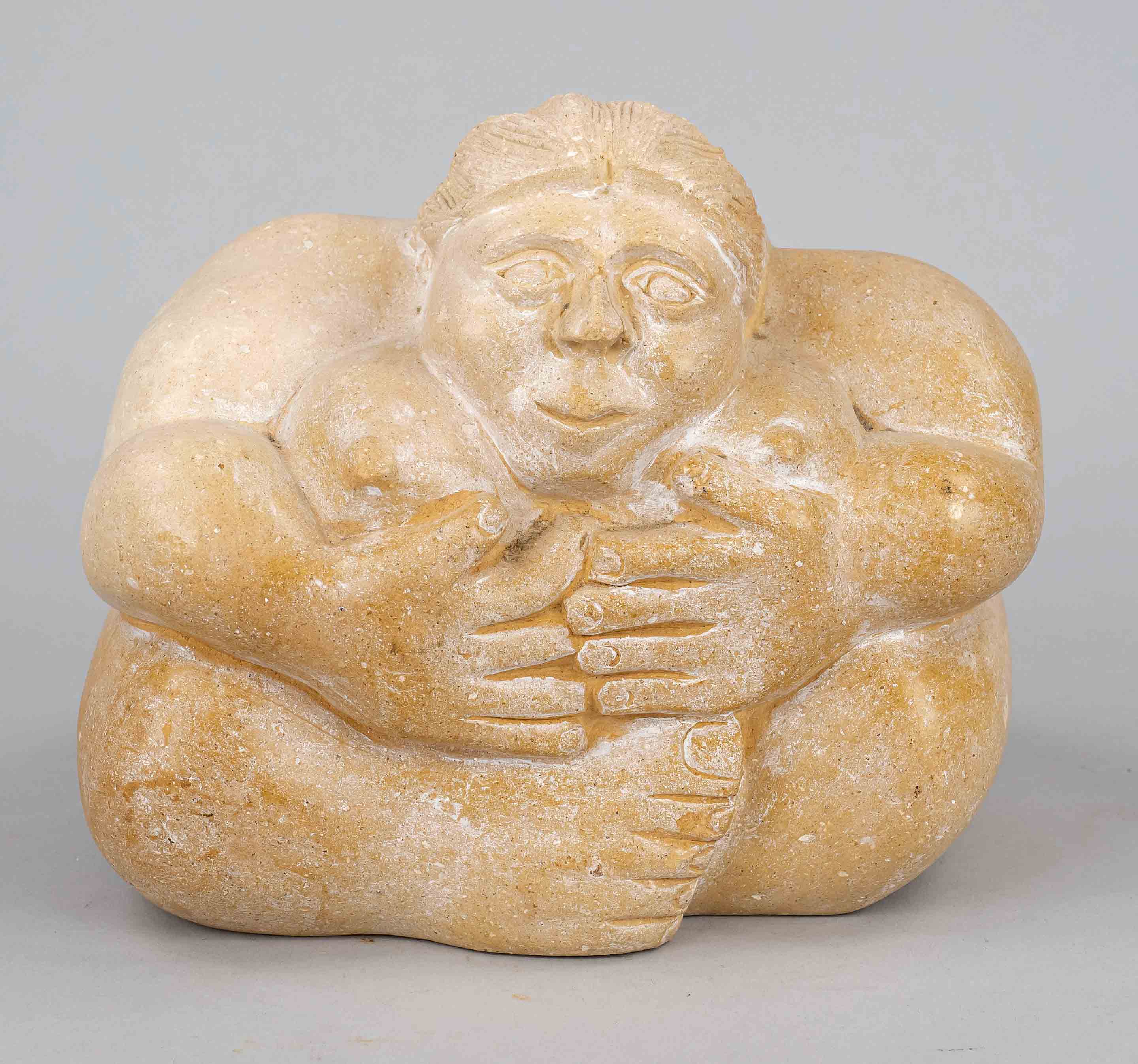 Contemporary sculptor, seated lady, female nude in highly stylized representation made of cast