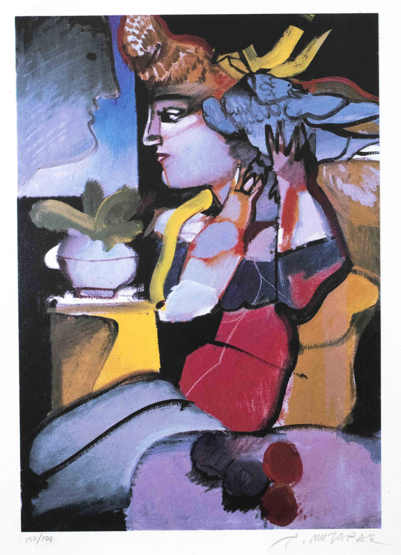 Dimitris Mytaras (1934-2017), important Greek modernist painter. Female figure with bird,