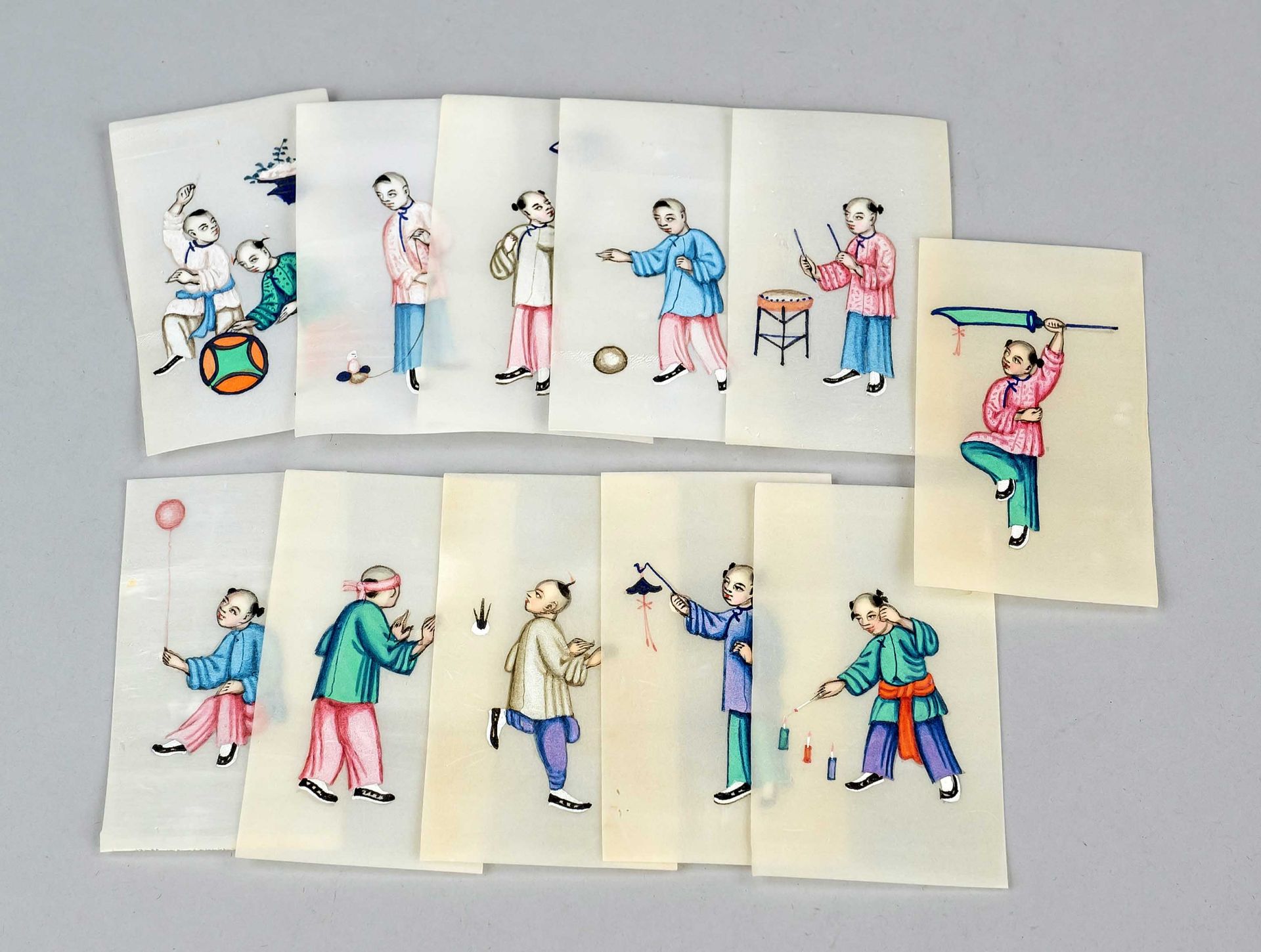 11 Pith paintings, China, Qing dynasty(1644-1911), 19th century, gouache on rice paper, children's