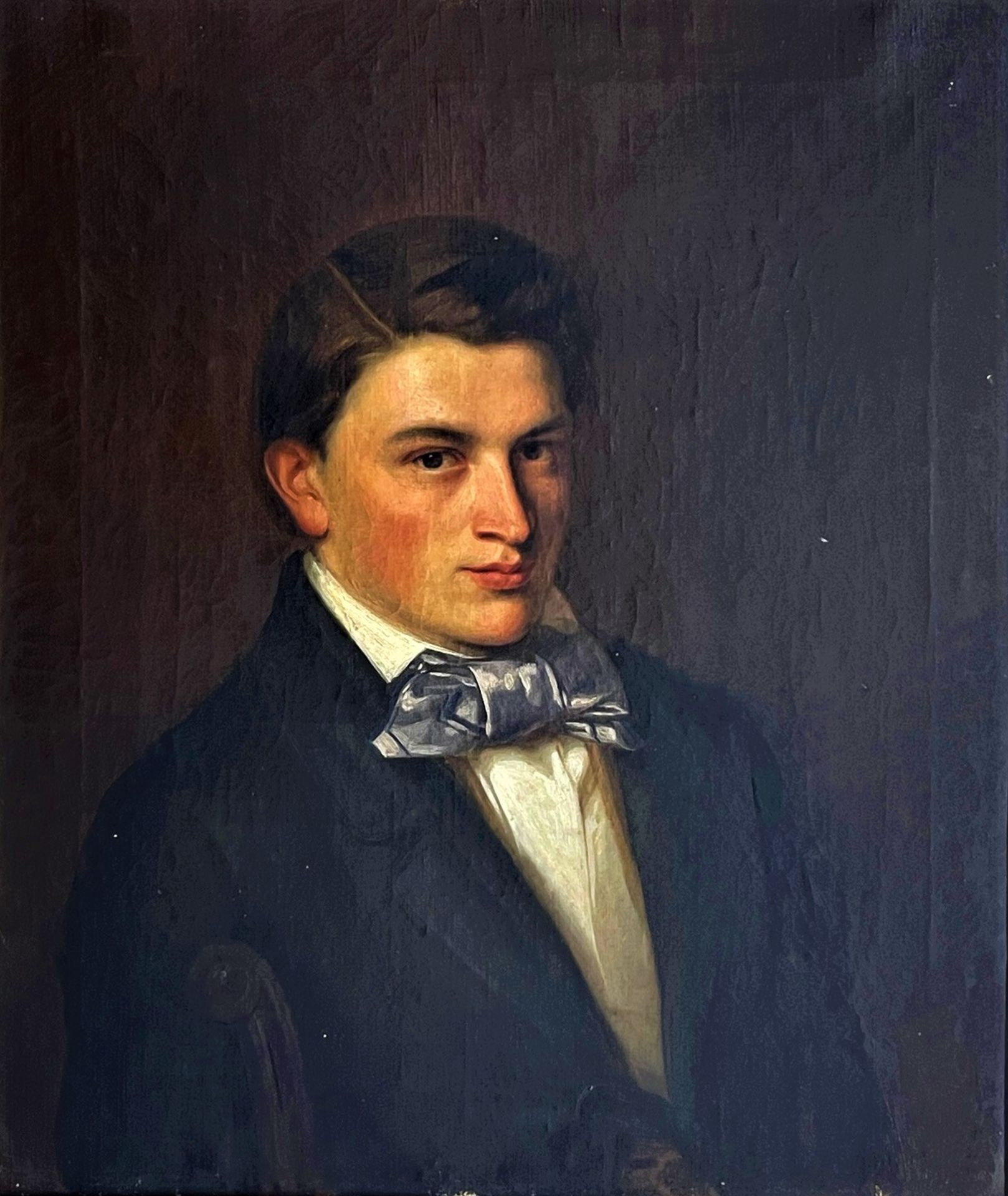 Unidentified portraitist of the 19th c. Portrait of a young man with a blue ribbon. Oil/canvas,