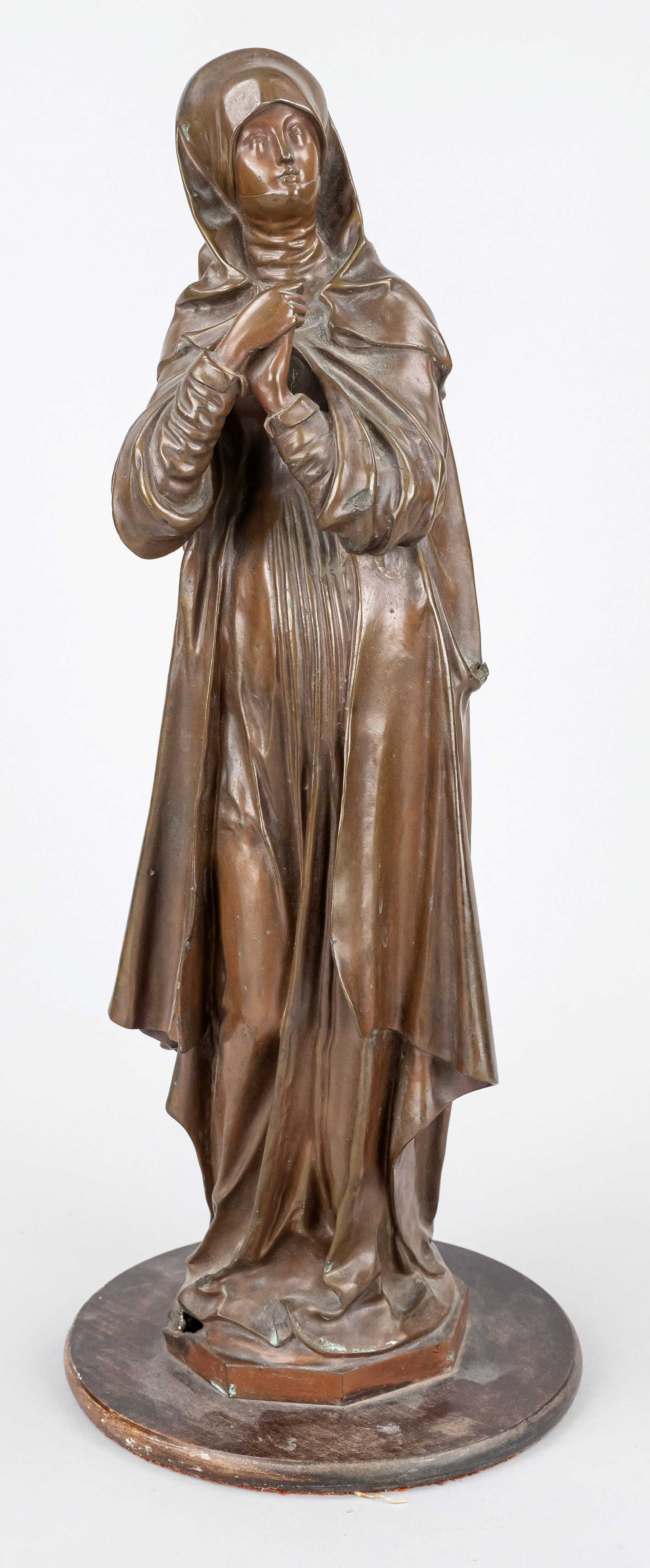 20th century sculptor, Mater Dolorosa (Mother of Sorrows), light brown patinated bronze on round