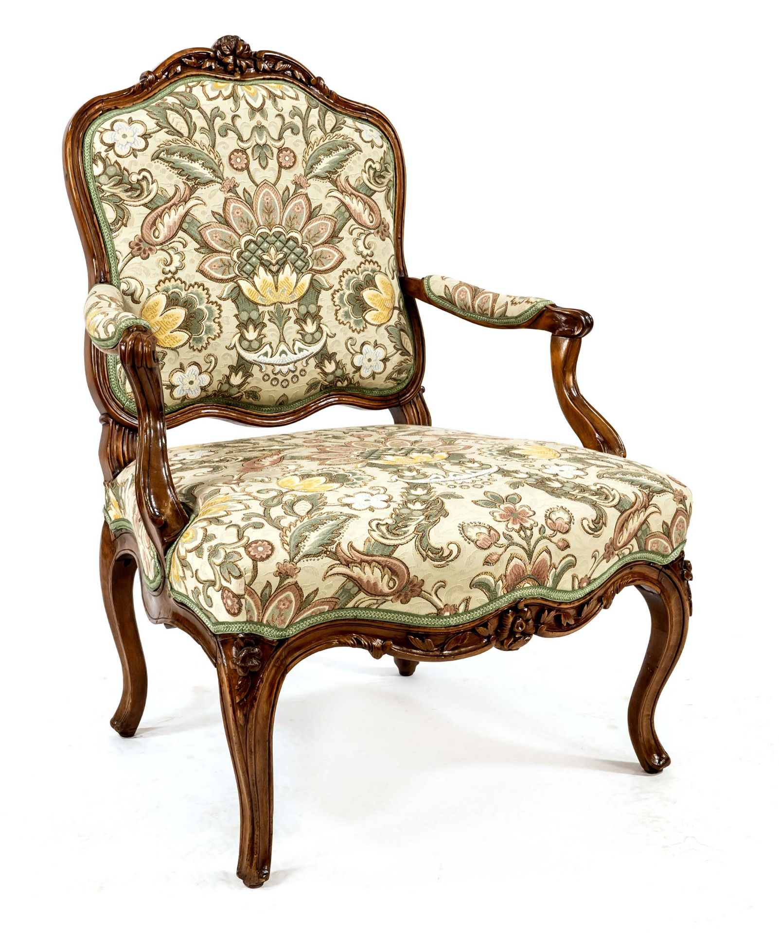 Baroque armchair, 18th century, solid walnut, curved and carved frame, 97 x 71 x 65 cm.
