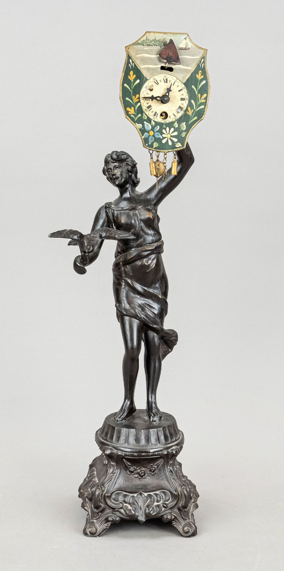 Figure pendule bronzed white cast iron, 2nd half of 20th century, woman on a pedestal holding bird