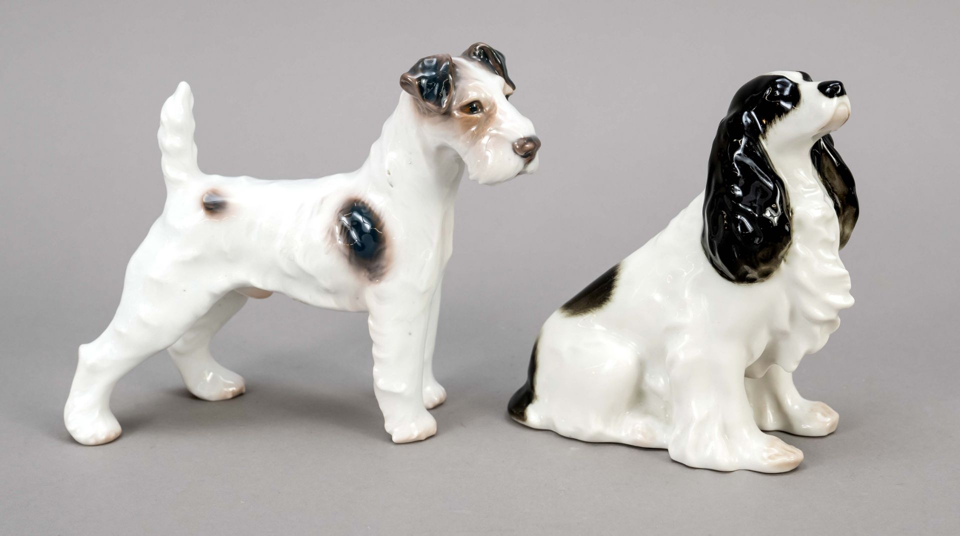 Two dog figures, rough-haired fox terrier, Bing & Gröndahl, Copenhagen, 2nd choice, 1970s mark,