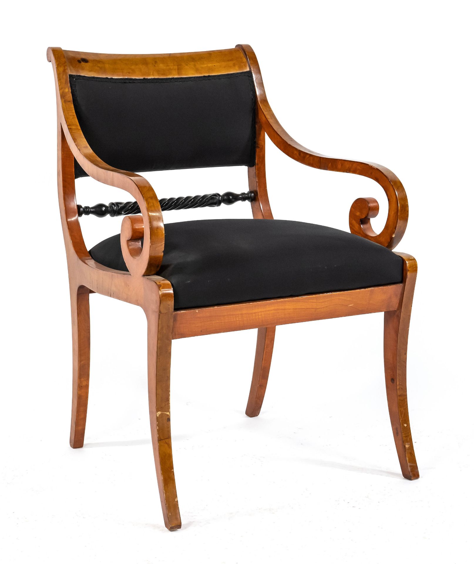 Biedermeier style armchair, mid-20th century, maple veneered and solid, volute-shaped armrests, 85 x