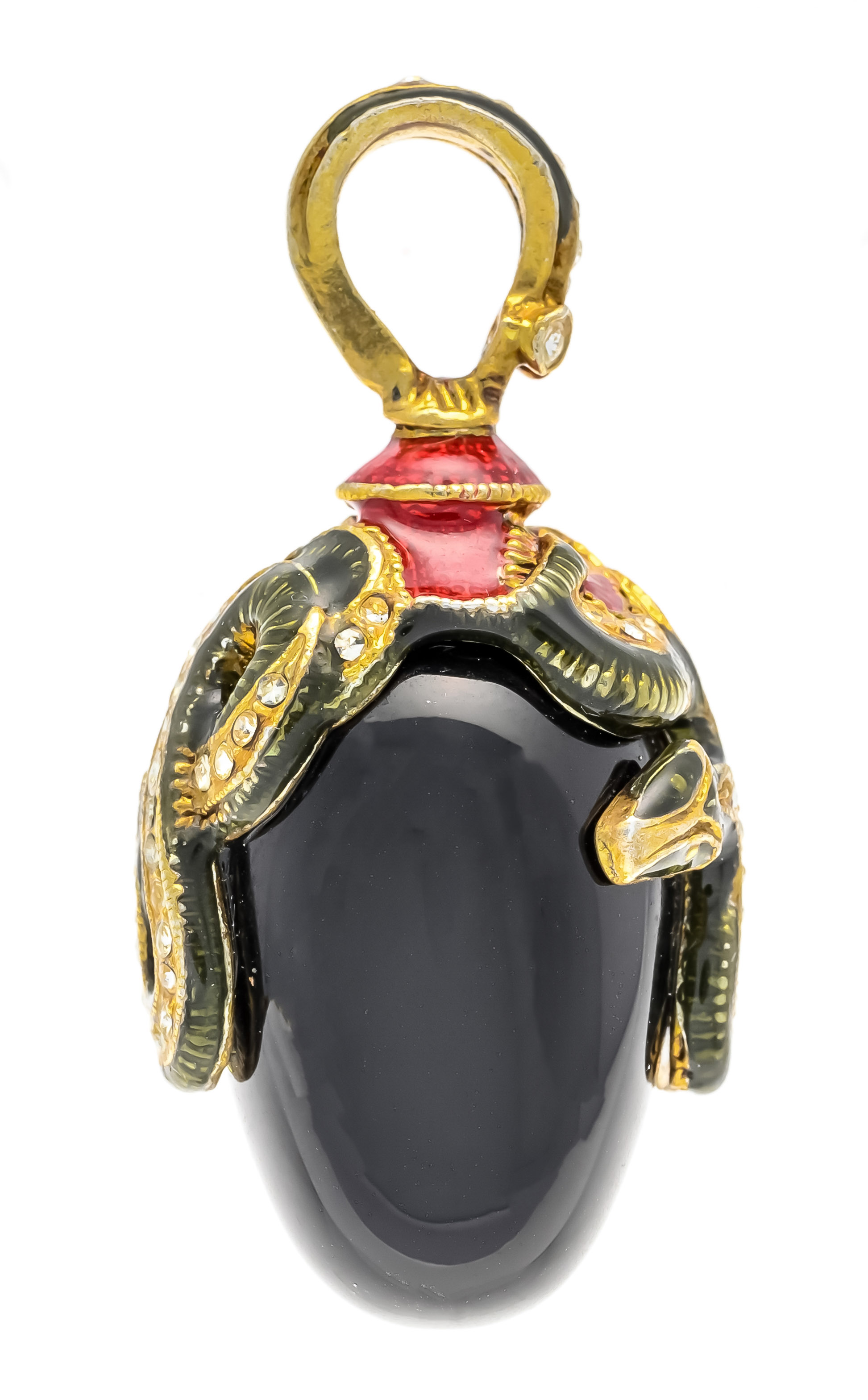 Fabergé-style pendant, silver-gilt, unstamped, tested, egg-shaped cut black semi-precious stone 23 x - Image 2 of 2