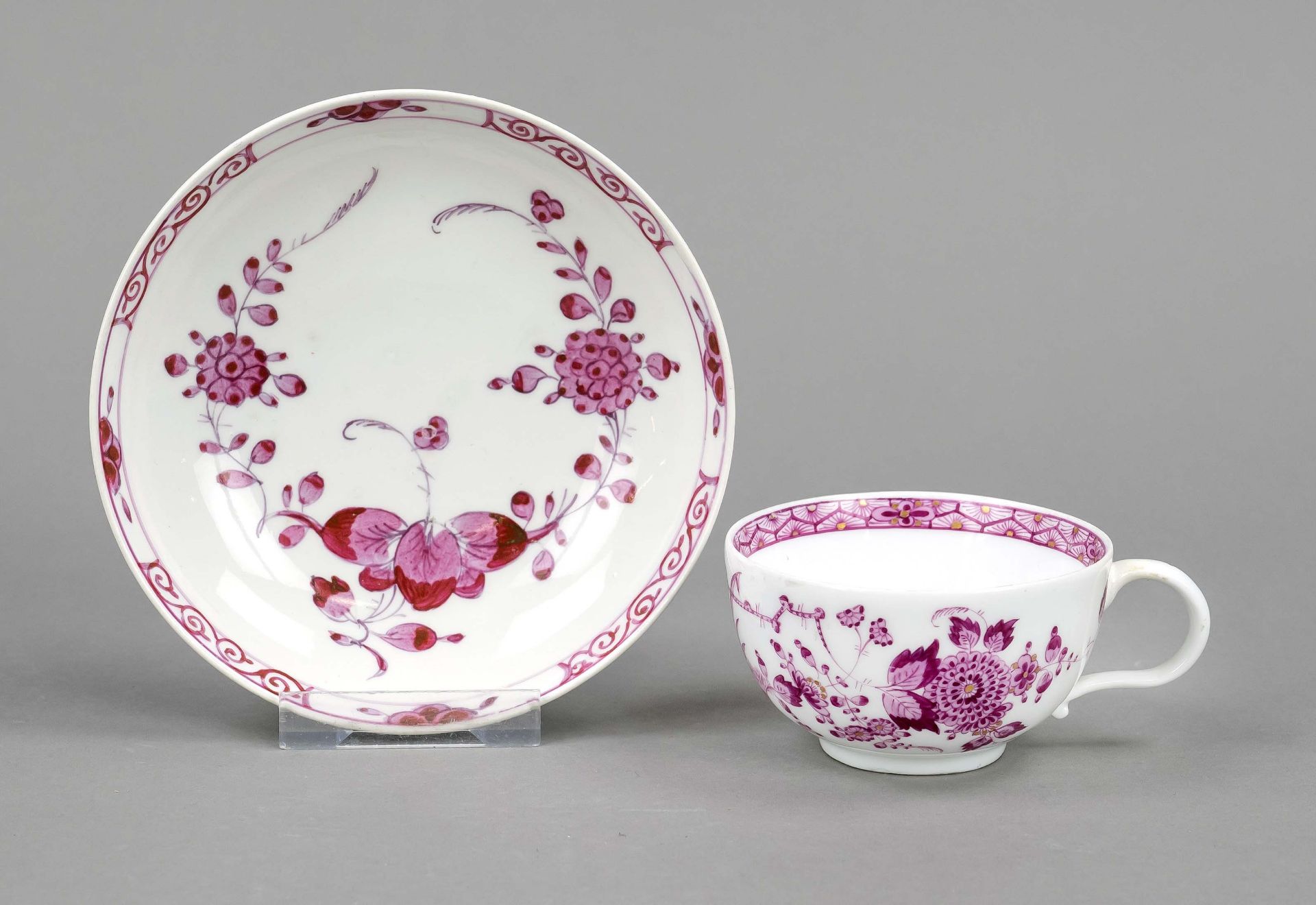 cup with saucer, Meissen, Marcolini mark 1784-1817, Indian painting in purple, semicircular tea