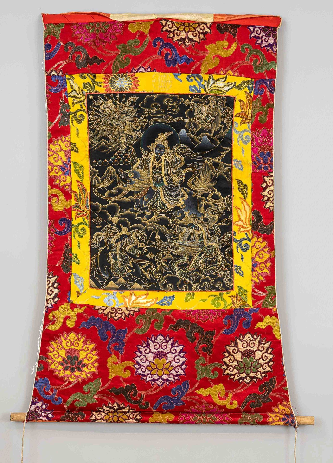 Thangka, probably Nepal, 20th c., silver and gold paint on paper, 5 dakinis on horseback in misty