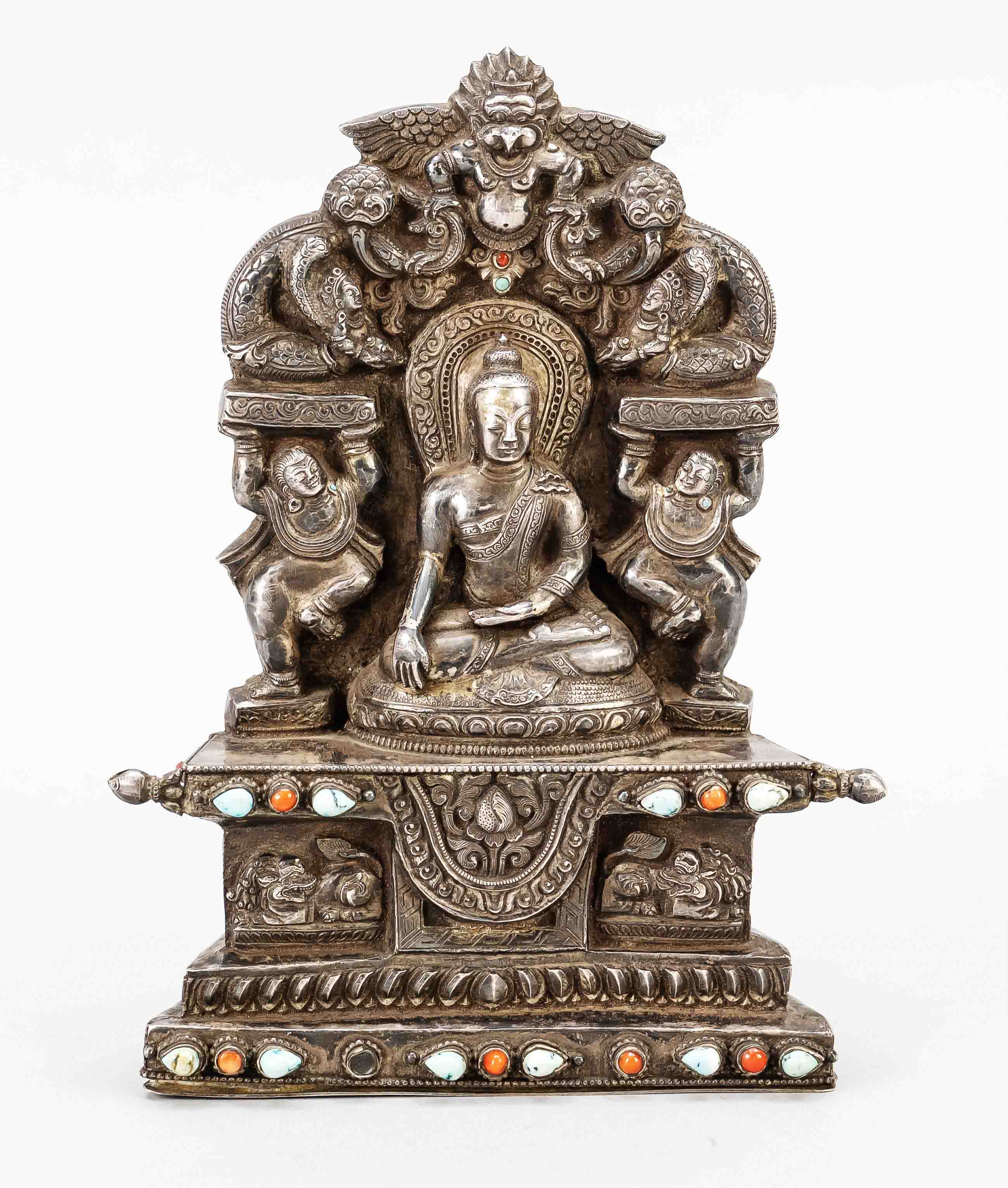 Buddha at Enlightenment, North India or Nepal, 20th c., drift work in white metal with coral and